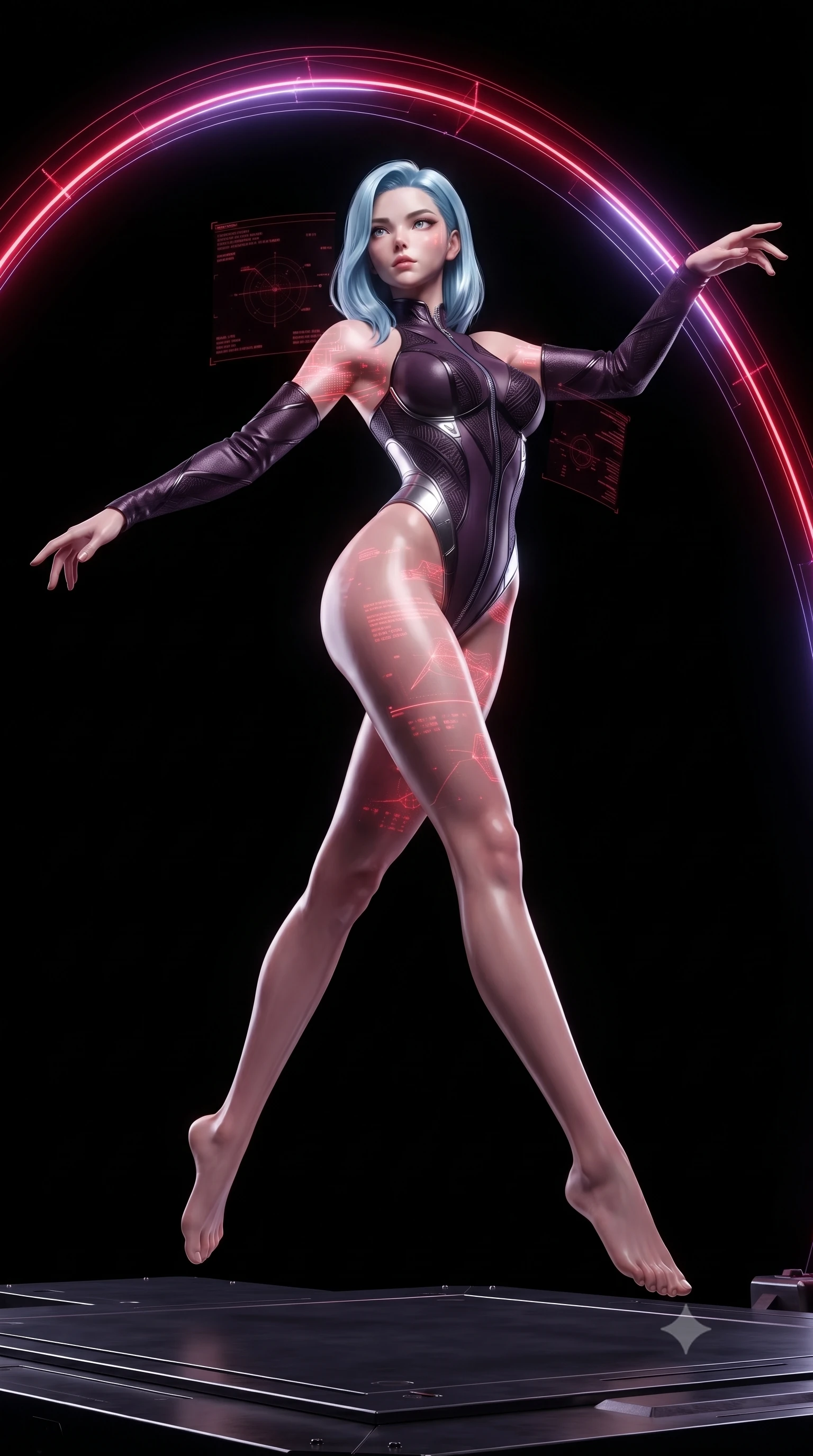 score_9, masterpiece, best quality, ultra-detailed, high-budget anime keyframe, editorial fashion photography, tasteful artistic composition, Korean woman. low angle full-body shot from head to toe showing her feet, filling the entire 9:16 vertical frame with her statuesque presence, stretching her vertical silhouette. leaping dynamically through the pitch-black void, her posture full of power and elegance, standing on a dark metallic platform as laser scanning arches pass over her, holographic schematics projecting subtle crimson light onto her skin. She has an absolutely perfect, statuesque 8.5-heads proportion, an exceptionally tall and slender model-like female figure with impossibly long slender legs and an ultra-slim waist. sharp v-shaped jawline, high-bridge nose, intricate jewel-like eyes with depth, thick eyelashes, glossy lips with a natural sheen. wearing asymmetric high-cut cyber-bodysuit with detached sleeves in onyx black in dark plum violet, made of liquid dark mercury jersey, finished with metallic silver boning and sleek zipper points, accentuating her gracefully sculpted slender torso. illuminated by dark crimson and violet laser light piercing black alloy shadows. ultra-reflective glossy finish, specular highlights, metallic sheen, high-contrast stereoscopic depth, volumetric dynamic lighting, 2k, ultra detail, master piece, 9:16 ratio