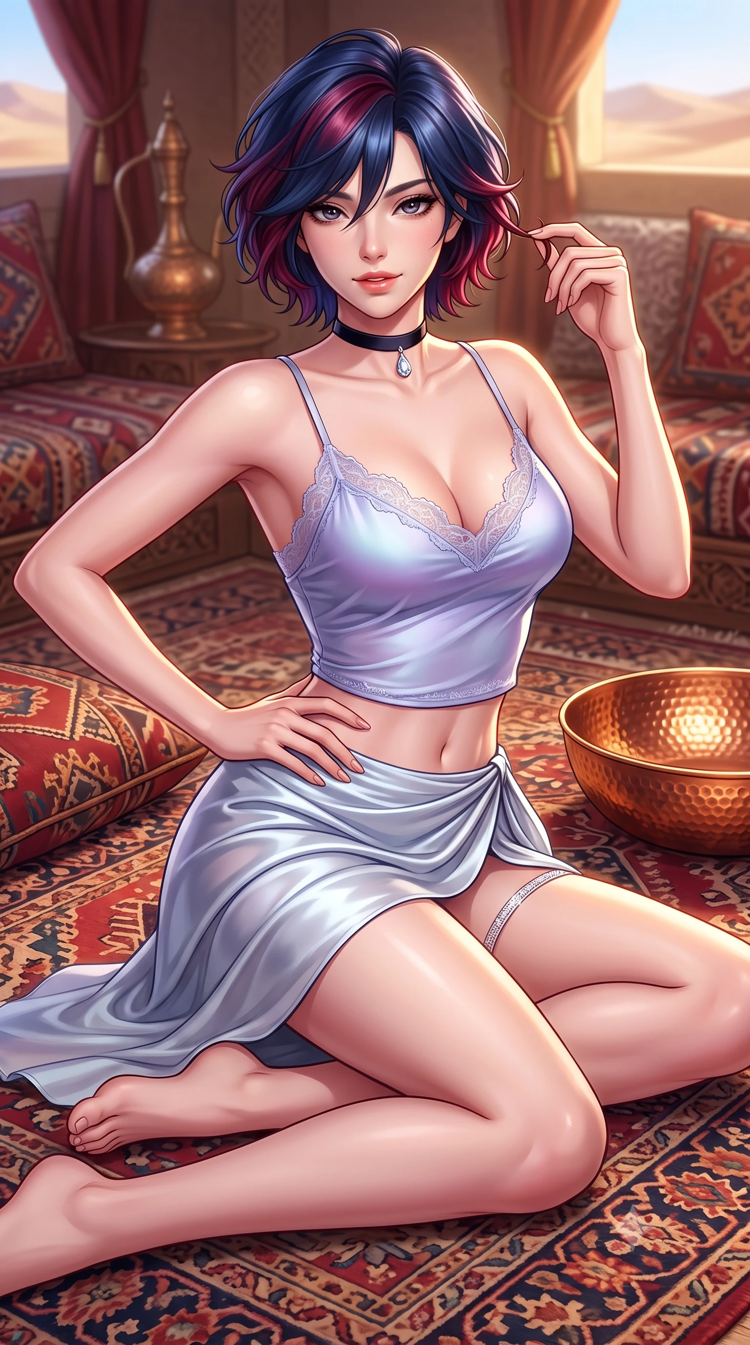 score_9, masterpiece, best quality, ultra-detailed, high-budget anime keyframe, semi-realistic 3D game render, editorial fashion photography, tasteful artistic composition, Korean woman. close-up cowboy shot from the waist and thighs up, the character dominates the composition, filling the frame with her large presence. twisting her slender torso in an alluring contrapposto stance, one hand resting on her sculpted hip while her fingers toy with her hair with effortless poise while sitting cross-legged on the plush kilim rug leaning back on both hands, arching her chest with radiant siren confidence and parted glossy lips. The surrounding environment is rendered in vivid detail and crisp panoramic clarity: detailed sheer illusion mesh bodysuit cling, crystal thigh garter shine, and desert luxury majlis decor in high resolution. She has an exceptionally elegant, slender, and willowy female figure with an ultra-slim waist, flat toned midriff, narrow ribcage, and sculpted feminine hips creating an alluring, slim hourglass silhouette without bulk. sharp v-shaped jawline, high-bridge nose, sparkling eyes with hypnotic seductive depth, thick curled eyelashes, glossy parted lips with a natural dewy peach sheen, alluring bedroom-eyes with an enchanting coquettish smile, exuding magnetic siren charisma and sophisticated glamour, flawlessly proportioned anatomical accuracy, strict slender model proportions, natural body alignment, perfectly sculpted long slender limbs, ultra-slim waistline, clean dynamic posture without body distortion. wearing a delicate lace-trimmed silk camisole paired with a draped satin wrap sarong mini skirt with high side slit in icy aurora-violet and glacial liquid silver, made of semi-opaque stretch illusion mesh with soft shadowy contours, finished with a thin velvet ribbon choker and a single teardrop diamond pendant, the second-skin tailored fabric adhering flawlessly to her sculpted flat midriff and slender torso, emphasizing her long leg lines and perfectly proportioned willowy build. illuminated by hammered copper bowl reflection bounce and sharp flame-gold rim lights defining her razor-sharp jawline, narrow waist, and curvy hips. highly saturated vibrant anime colors, detailed shading with soft gradients, rich glossy textures, high-contrast stereoscopic depth, volumetric dynamic lighting, master piece, 9:16 ratio