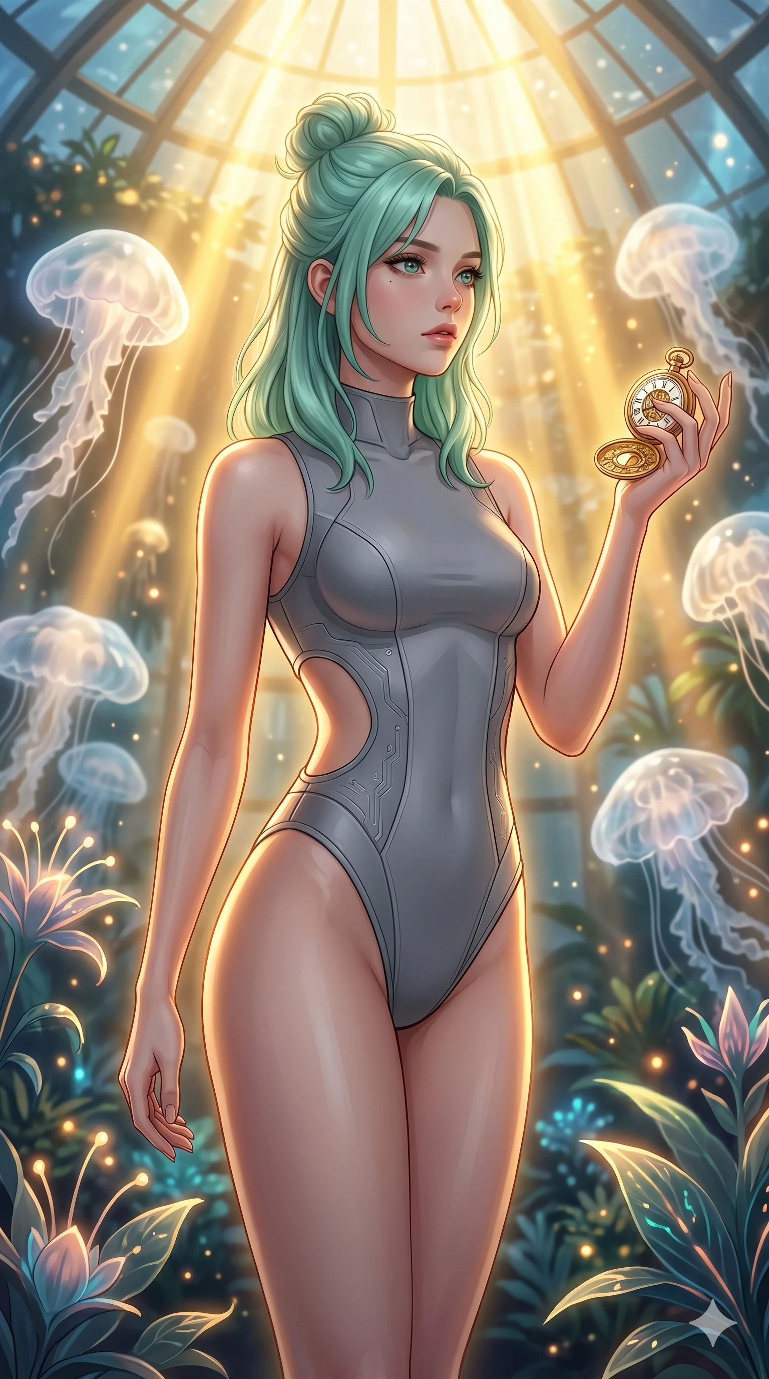 score_9, masterpiece, best quality, ultra-detailed, high-budget anime keyframe, editorial fashion photography, tasteful artistic composition, Japanese woman. cowboy shot from the thighs up, character and outfit filling the frame for maximum editorial presence. holding a golden pocket watch, looking past the camera with a thoughtful expression in a bioluminescent sky garden with floating translucent jellyfish clouds (Code-P18-119). She has an absolutely perfect 8-heads proportion, an exceptionally tall and slender female figure with impossibly long slender legs and an ultra-slim waist. V-shaped jawline, high-bridge nose, intricate jewel-like eyes with depth, thick eyelashes, glossy lips with a natural sheen. wearing a neoprene cyber-suit featuring side cutouts and high-cut legs. brilliant golden rays from the ceiling, creating a warm glowing aura on her silhouette. 2k, ultra detail, master piece, 9:16 ratio
