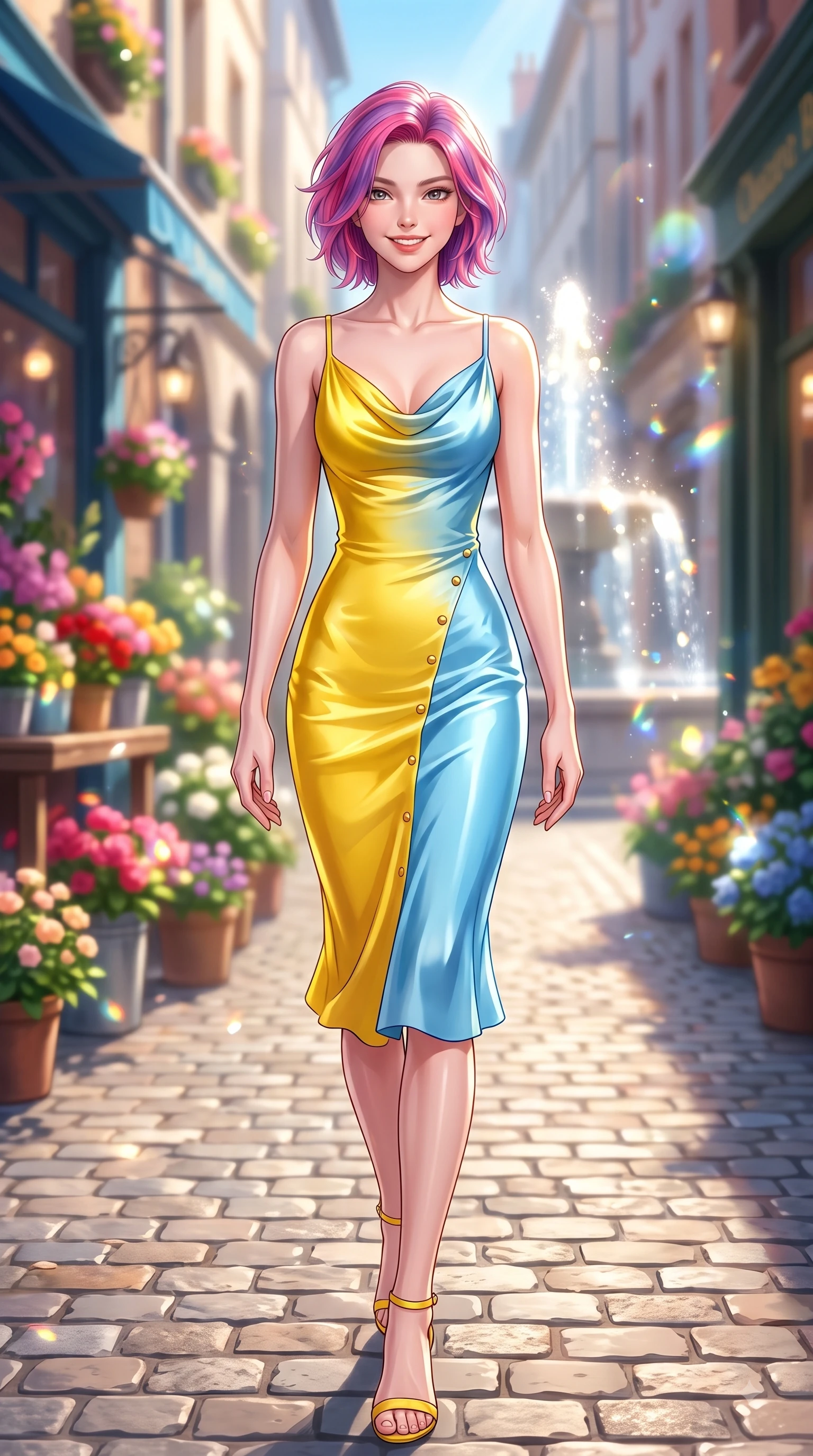 score_9, masterpiece, best quality, ultra-detailed, high-budget anime keyframe, editorial fashion photography, tasteful artistic composition, Caucasian woman. low angle full-body shot from head to toe showing her feet, filling the entire 9:16 vertical frame with her statuesque presence, stretching her vertical silhouette. walking forward in a proud dynamic stride with a cheerful beaming smile, her vertical silhouette filling the frame while walking dynamically down a sun-drenched European cobblestone alley lined with flower shops. The composition keeps background elements in soft focus with dreamy bokeh. sunlit fountain water sprays and cobblestones softened in dreamy shallow focus. She has an absolutely perfect, statuesque 8.5-heads proportion, an exceptionally tall and slender model-like female figure with impossibly long slender legs and an ultra-slim waist. sharp v-shaped jawline, high-bridge nose, intricate jewel-like eyes with depth, thick eyelashes, glossy lips with a natural sheen, flawlessly proportioned anatomical accuracy, natural body alignment, perfectly sculpted elegant limbs, clean dynamic posture without body distortion. wearing an elegant cowl-neck silk satin midi dress with a graceful draped neckline in sunny canary yellow and clear sky blue, made of premium stretch jersey that follows her curves like a glove, adorned with delicate gold buttons along the front, the form-contouring material highlighting her ultra-slim waist and long lines. illuminated by clear sky refractions and vibrant specular highlights. highly saturated vibrant anime colors, detailed shading with soft gradients, rich glossy textures, high-contrast stereoscopic depth, volumetric dynamic lighting, master piece, 9:16 ratio