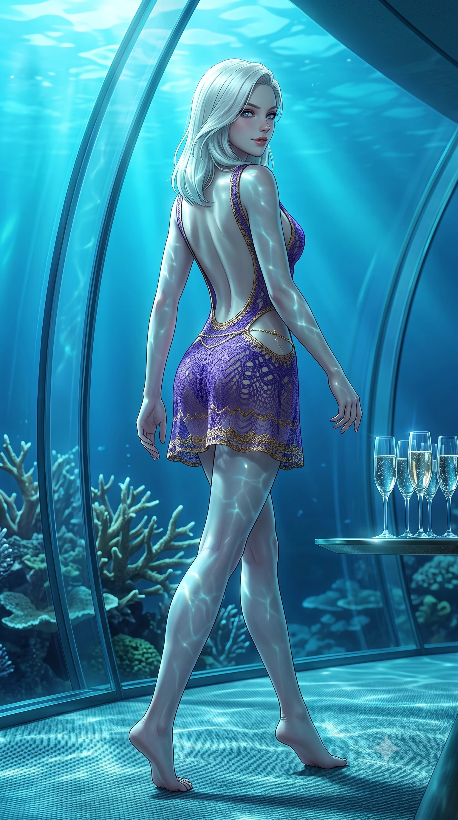 score_9, masterpiece, best quality, ultra-detailed, high-budget anime keyframe, semi-realistic 3D game render, editorial fashion photography, tasteful artistic composition, Caucasian woman. low angle full-body shot from head to toe showing her feet, filling the entire 9:16 vertical frame with her statuesque presence, stretching her vertical silhouette. walking along the terrace with poise, looking back over her bare shoulder with an irresistible smoldering bedroom-gaze while twisting her slender torso in an alluring contrapposto stance, shimmering aquatic light caustics refracting across her curves and flat midriff. The surrounding environment is rendered in vivid detail and crisp panoramic clarity: sharp structural acrylic window seams, living staghorn coral branch details, and crystal champagne flute clarity in deep focus. She has an absolutely perfect, statuesque 8.5-heads proportion, an exceptionally tall and slender model-like female figure with impossibly long slender legs, an ultra-slim waist, a flat toned midriff, narrow delicate ribcage, and beautifully sculpted feminine hips creating a graceful, slim hourglass silhouette without any bulky heaviness. sharp v-shaped jawline, high-bridge nose, sparkling eyes with hypnotic seductive depth, thick curled eyelashes, glossy parted lips with a natural dewy peach sheen, alluring bedroom-eyes with an enchanting coquettish smile, exuding magnetic siren charisma and sophisticated glamour, flawlessly proportioned anatomical accuracy, strict slender model proportions, natural body alignment, perfectly sculpted long slender limbs, ultra-slim waistline, clean dynamic posture without body distortion. wearing a slinky crochet-lace knit resort mini dress with deep open-back scoop revealing her toned spine in royal amethyst purple and gilded bronze, made of sheer gossamer chiffon that drapes softly against skin with airy translucence, accented with a dainty gold belly chain resting across her flat midriff and curving hips, the form-contouring silhouette accentuating her sculpted flat midriff, narrow delicate ribcage, and gracefully curvy hips with intoxicating allure. bathed in ethereal undulating cyan and deep-blue aquatic light filtering through exterior ocean floodlights. highly saturated vibrant anime colors, detailed shading with soft gradients, rich glossy textures, high-contrast stereoscopic depth, volumetric dynamic lighting, master piece, 9:16 ratio