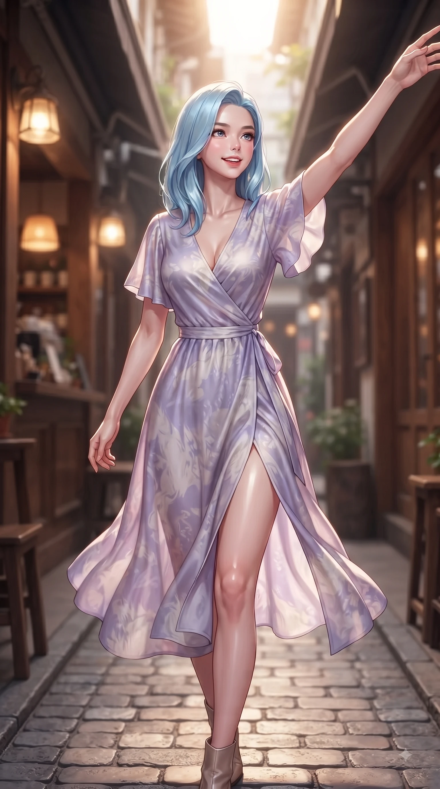 score_9, masterpiece, best quality, ultra-detailed, high-budget anime keyframe, editorial fashion photography, tasteful artistic composition, Korean woman. close-up cowboy shot from the waist and thighs up, the character dominates the composition, filling the frame with her large presence. Extending one arm in an elegant stretch toward the light while smiling with vibrant, youthful self-assurance while stepping along a quiet alley lined with artisanal coffee shops under warm sunlight. The composition keeps background elements in soft focus with dreamy bokeh. warm oak wood interiors and soft indoor ambient lamps blurred into cozy, creamy bokeh. She has an exceptionally elegant, slender, and willowy female figure with an ultra-slim waist, a gracefully sculpted slender torso, and a refined silhouette. sharp v-shaped jawline, high-bridge nose, intricate jewel-like eyes with depth, thick eyelashes, glossy lips with a natural sheen, flawlessly proportioned anatomical accuracy, natural body alignment, perfectly sculpted elegant limbs, clean dynamic posture without body distortion. wearing an elegant V-neck silk wrap dress with fluttery short sleeves and a cinched waist in soft lavender violet and pearl white, crafted from lightweight fluid chiffon, featuring a sleek side leg slit ascending to mid-thigh, the sleek second-skin texture accentuating her magnetic presence. illuminated by soft glowing amber indoor lamps and natural garden reflections. ultra-reflective glossy finish, specular highlights, metallic sheen, high-contrast stereoscopic depth, volumetric dynamic lighting, 2k, ultra detail, master piece, 9:16 ratio