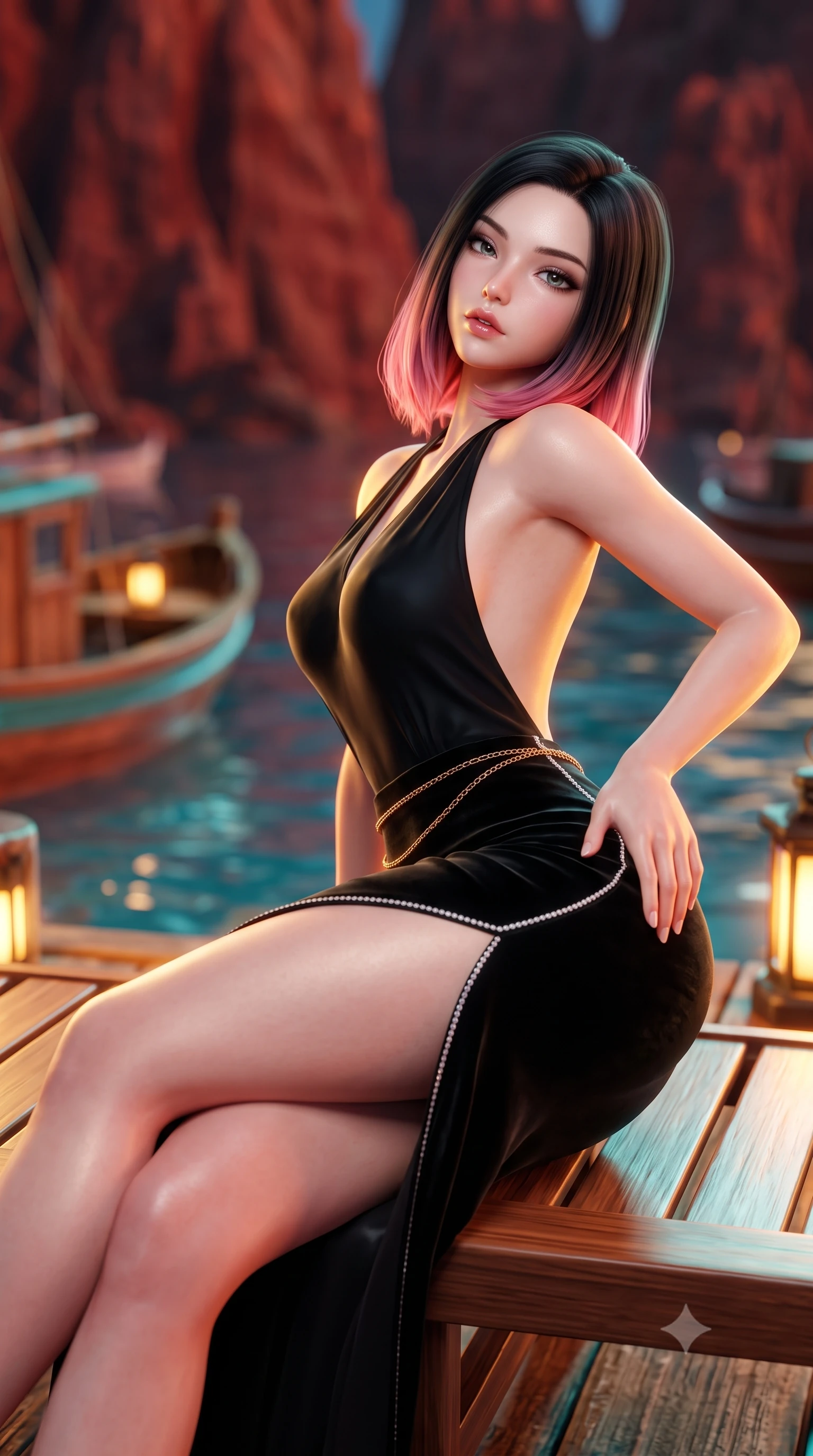 score_9, masterpiece, best quality, ultra-detailed, high-budget anime keyframe, semi-realistic 3D game render, editorial fashion photography, tasteful artistic composition, Korean woman. close-up cowboy shot from the waist and thighs up, the character dominates the composition, filling the frame with her large presence. arching her spine backward with effortless dancer poise, one hand sliding along her hip line as directional light carves specular highlights along her silhouette while reclining languidly on a wooden sunbed with legs crossed, her long slender legs and curvy hips bathed in warm dockside lantern light and sea reflections. The composition keeps background elements in soft focus with creamy bokeh. towering rust-red volcanic cliffs and bobbing wooden fishing boats blurred into glowing crimson, turquoise, and amber bokeh. She has an exceptionally elegant, slender, and willowy female figure with an ultra-slim waist, flat toned midriff, narrow ribcage, and sculpted feminine hips creating an alluring, slim hourglass silhouette without bulk. sharp v-shaped jawline, high-bridge nose, intricate jewel-like eyes with depth, thick eyelashes, glossy parted lips with a natural sheen, intensely captivating and seductive bedroom-eyes expression, flawlessly proportioned anatomical accuracy, strict slender model proportions, natural body alignment, perfectly sculpted long slender limbs, ultra-slim waistline, clean dynamic posture without body distortion. wearing a liquid-silk jersey evening gown with an ultra-deep plunging open back descending to the base of her spine and a sculpted hip-hugging skirt in pitch-black velvet with diamond crystal trim, formed from supple second-skin lambskin leather with specular sheen, accented with a delicate gold chain belt resting loosely on her curvy hips, the second-skin form-contouring cut accentuating her sculpted flat midriff, narrow delicate ribcage, and gracefully curvy hips with supermodel precision. illuminated by sparkling sea surface glints sharply carving her razor-sharp jawline, narrow waist, and curvy hips. highly saturated vibrant anime colors, detailed shading with soft gradients, rich glossy textures, high-contrast stereoscopic depth, volumetric dynamic lighting, master piece, 9:16 ratio