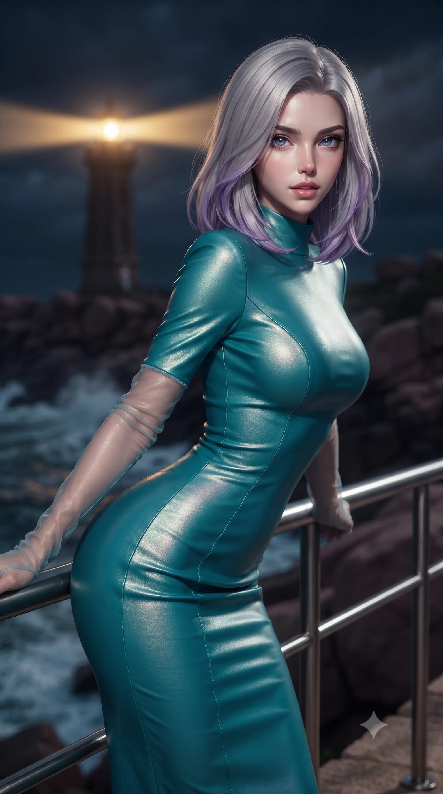score_9, masterpiece, best quality, ultra-detailed, high-budget anime keyframe, editorial fashion photography, tasteful artistic composition, Caucasian woman. close-up cowboy shot from the waist and thighs up, the character dominates the composition, filling the frame with her large presence. leaning forward while arching her lower back to accentuate her curvy hips, looking into the camera with an intoxicating smoldering gaze and bedroom-eyes while leaning against the stainless steel railing with hips cocked back, looking into the stormy Atlantic night with smoldering bedroom-eyes. The background shows a soft-focus sweeping golden beacon beam of the historic lighthouse, foaming Atlantic ocean breakers, and pink granite rock formations blurred into rose gold, cyan, and navy bokeh. She has an exceptionally elegant, slender, and willowy female figure with an ultra-slim waist, flat toned midriff, narrow ribcage, and sculpted feminine hips creating an alluring, slim hourglass silhouette without bulk. sharp v-shaped jawline, high-bridge nose, intricate jewel-like sparkling eyes with depth, thick eyelashes, glossy parted lips with a natural peach sheen, bright cheerful beaming smile with an enchanting and coquettish sensual glint, exuding both youthful cute charm and seductive allure, flawlessly proportioned anatomical accuracy, strict slender model proportions, natural body alignment, perfectly sculpted long slender limbs, ultra-slim waistline, clean dynamic posture without body distortion. wearing an ultra-sleek stretch lambskin leather sheath dress accentuating her slim waistline in Sentosa tropical coral reef teal and pure iridescent pearl, crafted from bespoke double-faced cashmere with an exceptionally soft tactile finish, complemented by sheer opera-length evening gloves tracing her slender arms, the form-contouring silhouette accentuating her sculpted flat midriff, narrow delicate ribcage, and gracefully curvy hips with intoxicating allure. bathed in periodic sweeping golden lighthouse lamp beams contrasted with deep navy ocean ambient and moonlight. ultra-reflective glossy finish, specular highlights, rich textural contrasts, high-contrast stereoscopic depth, volumetric dynamic lighting, 2k, ultra detail, master piece, 9:16 ratio