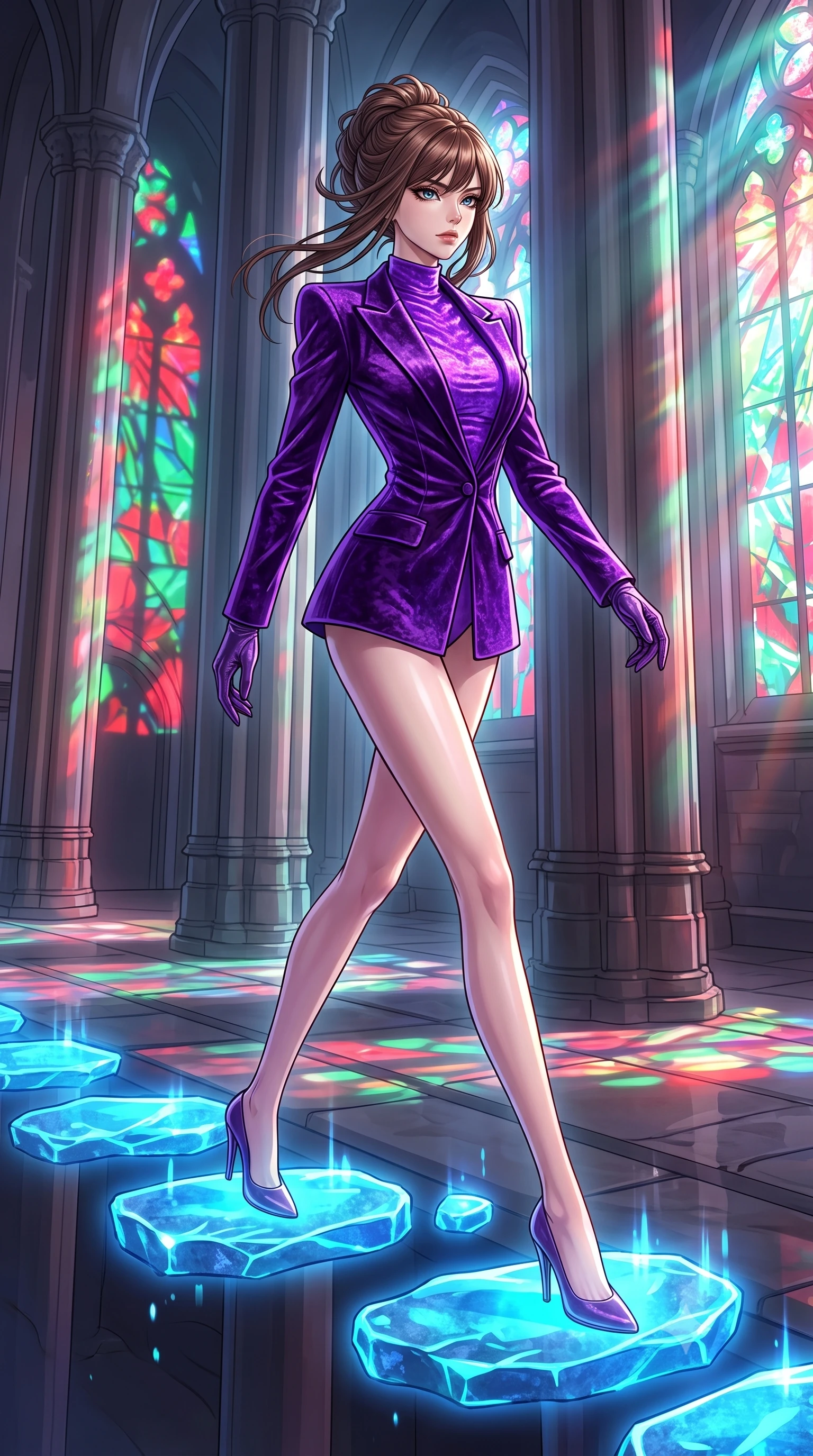 score_9, masterpiece, best quality, ultra-detailed, High-budget Anime Keyframe, East Asian woman. Dynamic full-body shot stretching the vertical silhouette to the limit. Scenario 502: stepping across glowing azure stones in a futuristic cathedral with holographic stained-glass windows. Her presence is magnetic and overpowering in this high-budget anime scene. Outfit 502: a body-hugging neon violet crushed velvet jacket layered under a structured velvet blazer. The clothing is designed to emphasize her exceptionally tall and slender 8-heads proportion. 8-heads proportion, towering silhouette, ultra-slim waist. sharp v-shaped jawline, intricate jewel-like eyes with depth, thick eyelashes, glossy lips. 2k, ultra detail, master piece, 9:16 ratio