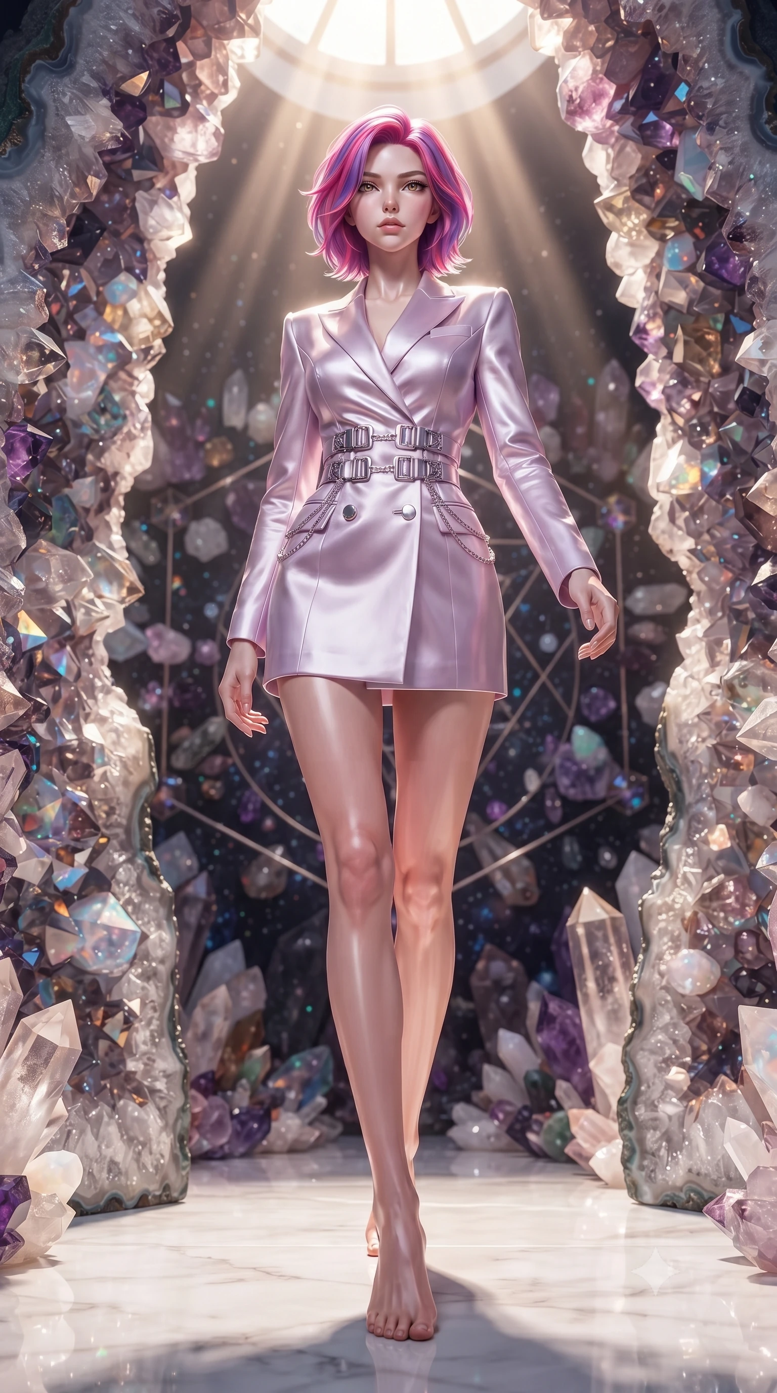 score_9, masterpiece, best quality, ultra-detailed, high-budget anime keyframe, editorial fashion photography, tasteful artistic composition, Caucasian woman. low angle full-body shot from head to toe showing her feet, filling the entire 9:16 vertical frame with her statuesque presence, stretching her vertical silhouette. navigating the celestial sanctuary with an effortless, graceful stride, poised on a polished white crystal floor surrounded by giant raw geode walls, dramatic crystal framing emphasizing her slender model-like proportions. She has an absolutely perfect, statuesque 8.5-heads proportion, an exceptionally tall and slender model-like female figure with impossibly long slender legs and an ultra-slim waist. sharp v-shaped jawline, high-bridge nose, intricate jewel-like eyes with depth, thick eyelashes, glossy lips with a natural sheen. wearing tailored double-breasted opal white blazer dress in pastel lavender violet, made of soft rose-gold satin, framed by polished silver buckles and delicate chain details, highlighting her statuesque proportions and ultra-slim waistline. bathed in warm sunbeams piercing the top of the geode cavern. ultra-reflective glossy finish, specular highlights, metallic sheen, high-contrast stereoscopic depth, volumetric dynamic lighting, 2k, ultra detail, master piece, 9:16 ratio