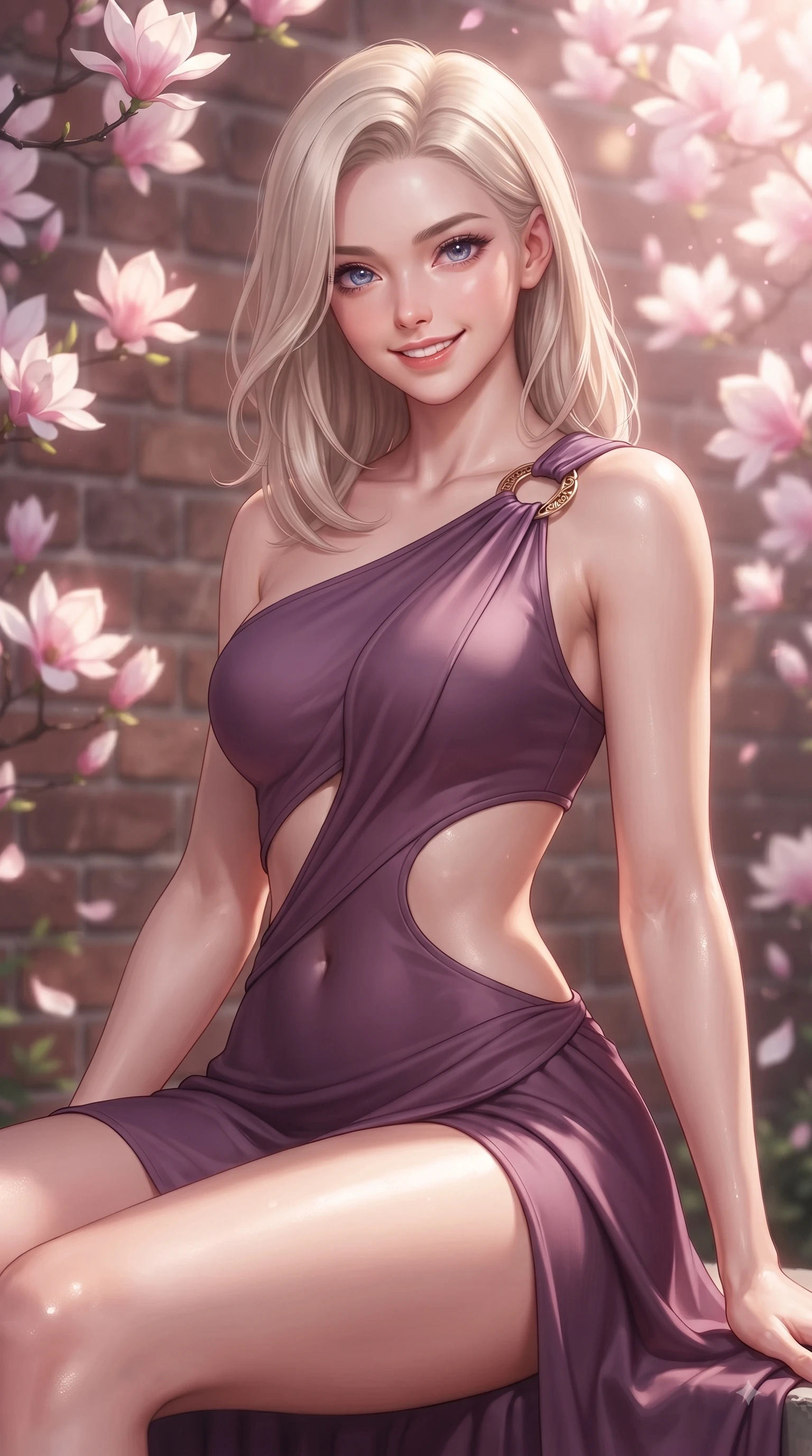 score_9, masterpiece, best quality, ultra-detailed, high-budget anime keyframe, editorial fashion photography, tasteful artistic composition, Caucasian woman. close-up cowboy shot from the waist and thighs up, the character dominates the composition, filling the frame with her large presence, background elements kept in soft focus. Playful cute expression with a warm smile and parted lips, looking right into the camera with vibrant energy while resting against an antique brick school wall covered in spring blossoms with a beaming face, bright spring sunbeams illuminating the scene in soft pastel pink and gold tones. She has an exceptionally elegant, slender, and willowy female figure with an ultra-slim waist, a gracefully sculpted slender torso, and a refined silhouette. sharp v-shaped jawline, high-bridge nose, intricate jewel-like eyes with depth, thick eyelashes, glossy lips with a natural sheen, flawlessly proportioned anatomical accuracy, natural body alignment, perfectly sculpted elegant limbs, clean dynamic posture without body distortion. wearing an asymmetrical Grecian draped chiffon gown with a metallic shoulder ring in plum purple and gold filigree, formed from sleek second-skin neoprene, featuring clean architectural cutouts along her slender torso, the form-contouring material highlighting her ultra-slim waist and long lines. illuminated by soft glowing pink ambient light and clear sky refractions. ultra-reflective glossy finish, specular highlights, metallic sheen, high-contrast stereoscopic depth, volumetric dynamic lighting, 2k, ultra detail, master piece, 9:16 ratio