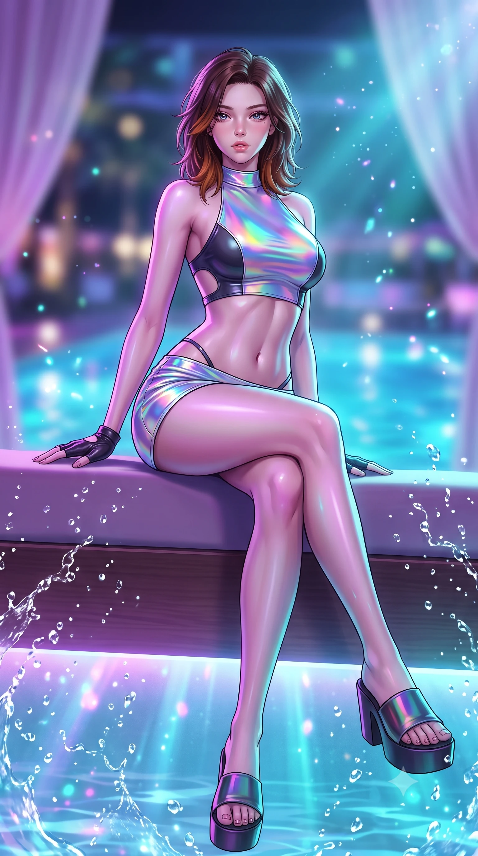 score_9, masterpiece, best quality, ultra-detailed, high-budget anime keyframe, semi-realistic 3D game render, editorial fashion photography, tasteful artistic composition, Korean woman. low angle full-body shot from head to toe showing her feet, filling the entire 9:16 vertical frame with her statuesque presence, stretching her vertical silhouette. sitting perched on the elevated ledge with hips angled toward the camera and legs crossed, displaying her toned midriff and flawlessly sculpted slender limbs while lounging in a private VIP cabana bed propped on one hip, parted lips glistening as purple and cyan neon reflections wash over her body. The composition keeps background elements in soft focus with creamy bokeh. splashing water droplets and underwater LED light rays scattering shimmering neon light motes. She has an absolutely perfect, statuesque 8.5-heads proportion, an exceptionally tall and slender model-like female figure with impossibly long slender legs, a toned flat midriff, an ultra-slim waist, and beautifully sculpted feminine hips. sharp v-shaped jawline, high-bridge nose, intricate jewel-like eyes with depth, thick eyelashes, glossy parted lips with a natural sheen, intensely captivating and seductive bedroom-eyes expression, flawlessly proportioned anatomical accuracy, strict slender model proportions, natural body alignment, perfectly sculpted long slender limbs, ultra-slim waistline, clean dynamic posture without body distortion. wearing a low-rise holographic micro-skirt paired with an aerodynamic crop halter top in iridescent rainbow prism and deep charcoal, tailored from second-skin aerodynamic stretch vinyl with specular sheen, accessorized with bold platform sandals and fingerless leather gloves, the precision-cut side openings and low-back scoop framing her graceful spine and the sensual sweep of her hips. surrounded by an electrifying, hypnotic, and irresistibly provocative nightlife goddess aura. highly saturated vibrant anime colors, detailed shading with soft gradients, rich glossy textures, high-contrast stereoscopic depth, volumetric dynamic lighting, master piece, 9:16 ratio