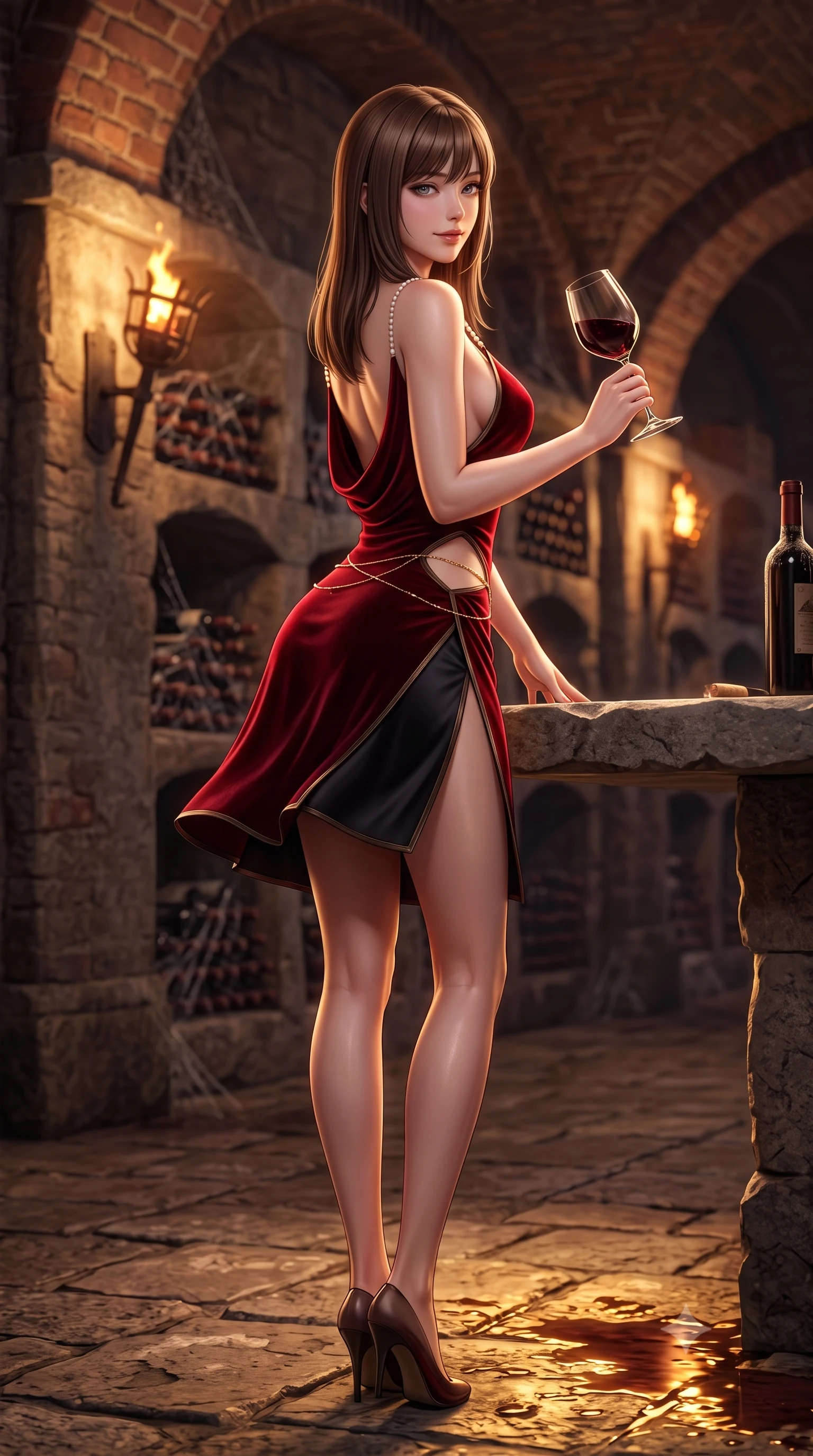 score_9, masterpiece, best quality, ultra-detailed, high-budget anime keyframe, semi-realistic 3D game render, editorial fashion photography, tasteful artistic composition, Korean woman. low angle full-body shot from head to toe showing her feet, filling the entire 9:16 vertical frame with her statuesque presence, stretching her vertical silhouette. executing a slow, graceful pivot turn as her skirt sways around her slender legs, glancing back with an enchanting, teasing sensual expression while leaning over the rough stone tasting table with hips cocked back, swirling a crystal glass of dark red wine with smoldering bedroom-eyes. The background shows a soft-focus rows of cobwebbed wine bottles in stone alcoves, flickering iron wall braziers, and vaulted brick arches blurred into burgundy, bronze, and charcoal bokeh. She has an absolutely perfect, statuesque 8.5-heads proportion, an exceptionally tall and slender model-like female figure with impossibly long slender legs, an ultra-slim waist, a flat toned midriff, narrow delicate ribcage, and beautifully sculpted feminine hips creating a graceful, slim hourglass silhouette without any bulky heaviness. sharp v-shaped jawline, high-bridge nose, sparkling eyes with hypnotic seductive depth, thick curled eyelashes, glossy parted lips with a natural dewy peach sheen, alluring bedroom-eyes with an enchanting coquettish smile, exuding magnetic siren charisma and sophisticated glamour, flawlessly proportioned anatomical accuracy, strict slender model proportions, natural body alignment, perfectly sculpted long slender limbs, ultra-slim waistline, clean dynamic posture without body distortion. wearing a low-cut draped cowl-back satin slip mini dress with dainty pearl spaghetti straps and hip-hugging silhouette in deep blood-red velvet and midnight obsidian black with antique bronze trims, tailored from fine structural neoprene with crisp architectural edges and smooth contouring, accented with a dainty gold belly chain resting across her flat midriff and curving hips, the high-slit wrap tailoring accentuating her ultra-slim waistline and the enchanting curve of her feminine hips with alluring seductive charm. illuminated by wine puddle specular bounce and sharp warm-amber rim lights sculpting her jawline, flat midriff, and voluptuous hip curves. highly saturated vibrant anime colors, detailed shading with soft gradients, rich glossy textures, high-contrast stereoscopic depth, volumetric dynamic lighting, master piece, 9:16 ratio