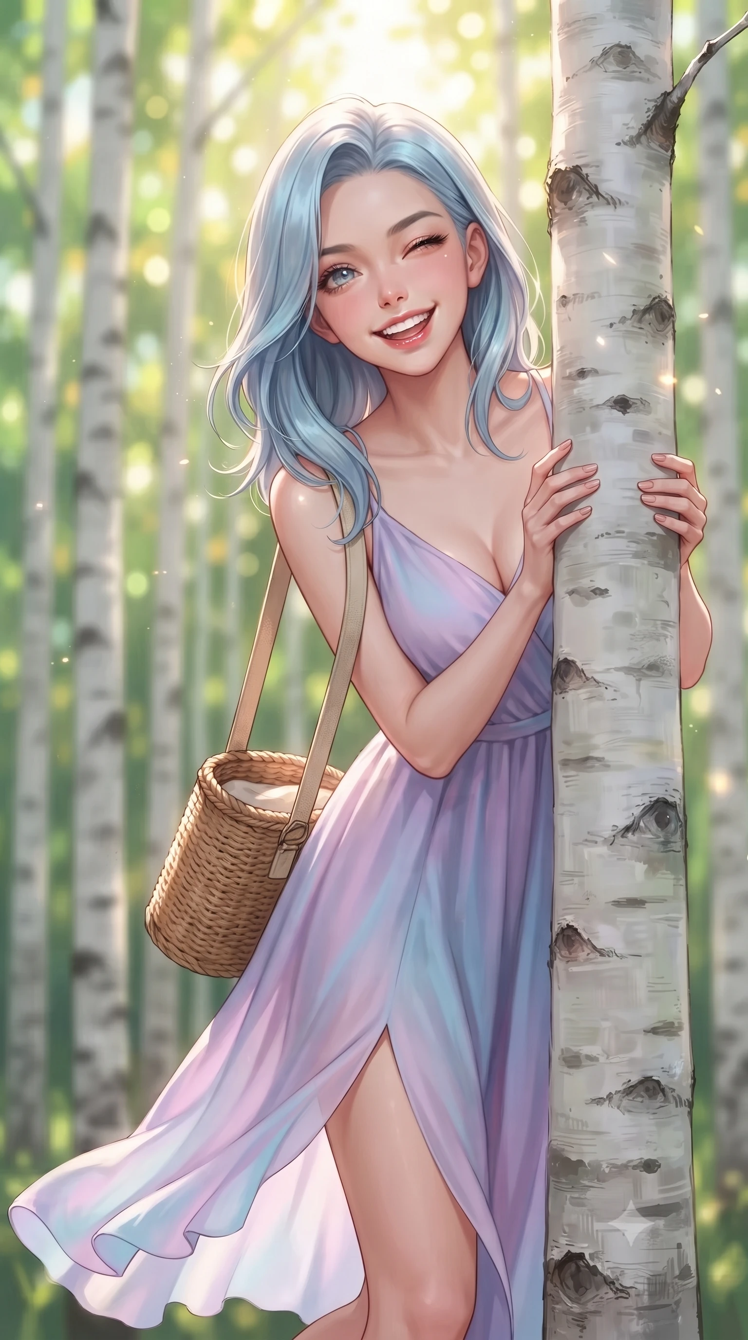 score_9, masterpiece, best quality, ultra-detailed, high-budget anime keyframe, editorial fashion photography, tasteful artistic composition, Korean woman. close-up cowboy shot from the waist and thighs up, the character dominates the composition, filling the frame with her large presence. radiating a joyful bright smile with sparkling jewel-like eyes and pure charming energy, leaning forward with playful grace while peeking playfully from behind a smooth white birch tree trunk with a charming wink and infectious bright smile. The composition keeps background elements in soft focus with creamy bokeh. slender white birch tree trunks and sunlit green forest canopies blurred into dreamy emerald and golden bokeh. She has an exceptionally elegant, slender, and willowy female figure with an ultra-slim waist, a gracefully sculpted slender torso, toned flat midriff, and a refined slim silhouette. sharp v-shaped jawline, high-bridge nose, intricate jewel-like eyes with depth, thick eyelashes, glossy lips with a natural sheen, pure and lovely fresh girlhood expression, flawlessly proportioned anatomical accuracy, strict slender model proportions, natural body alignment, perfectly sculpted long slender limbs, ultra-slim waistline, clean dynamic posture without body distortion. wearing a flowy silk-chiffon maxi dress with a gentle side slit and fluttering hemline in soft pastel lavender and delicate sky blue, knitted from ultra-soft cozy baby-cashmere yarn, accessorized with a rustic woven wicker bag and canvas strap, the soft airy drape swaying gracefully with her dynamic movements, emphasizing her tall willowy build and slim waistline. bathed in heavenly volumetric sunbeams piercing through the dense birch canopy. ultra-reflective glossy finish, specular highlights, rich natural textures, high-contrast stereoscopic depth, volumetric dynamic lighting, 2k, ultra detail, master piece, 9:16 ratio
