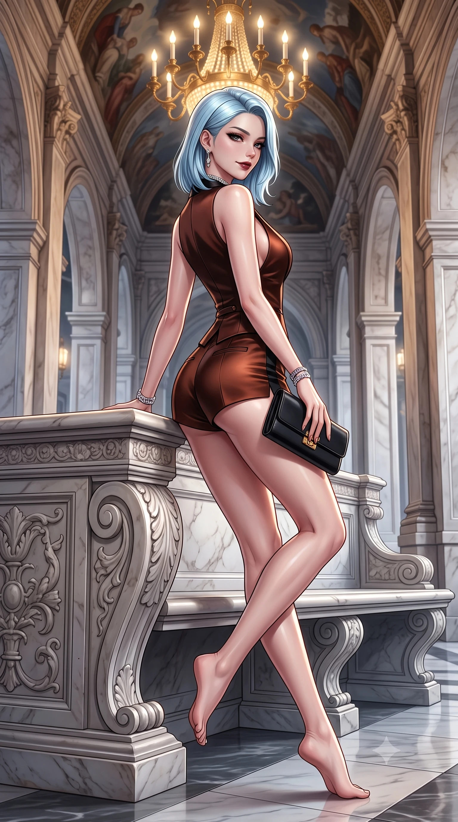 score_9, masterpiece, best quality, ultra-detailed, high-budget anime keyframe, editorial fashion photography, tasteful artistic composition, Korean woman. low angle full-body shot from head to toe showing her feet, filling the entire 9:16 vertical frame with her statuesque presence, stretching her vertical silhouette. posing with back turned slightly to the lens, glancing back with an intoxicating, dangerous smile as she arches her lower back to emphasize her sculpted feminine hips and slender waist while lounging gracefully on an ornate marble arcade bench with legs crossed, holding a designer clutch with effortless aristocratic superiority. The surrounding environment is rendered in vivid detail and crisp panoramic clarity. detailed evening wear fabric sheen, diamond jewelry sparkle, and monumental Italian arcade architecture in high resolution. She has an exceptionally tall and slender model-like 8.5-heads proportion, an ultra-slim waist, a flat toned midriff, narrow delicate ribcage, and beautifully sculpted feminine hips creating a graceful, slim hourglass silhouette without any bulky heaviness, with impossibly long slender legs. sharp v-shaped jawline, high-bridge nose, intricate jewel-like dark sparkling eyes with dangerous depth, thick curled eyelashes, glossy parted lips with a rich wine sheen, smoldering seductive half-smile with bedroom-eyes, exuding effortless superiority and intoxicating dark allure, flawlessly proportioned anatomical accuracy, strict slender model proportions, natural body alignment, perfectly sculpted long slender limbs, ultra-slim waistline, clean dynamic posture without body distortion. wearing a tailored satin tuxedo vest worn closed against bare skin with high-cut tailored satin hot-pants in dark burnt copper and matte black, tailored from fine lightweight midnight wool crepe with crisp architectural structure, finished with subtle crystal rhinestones lining the plunging neckline, the glove-like silhouette tightly following the natural contour of her hips and long slender legs with youthful 8.5-heads elegance. bathed in majestic golden arcade chandelier light and soft ambient streetlamp wash. ultra-reflective glossy finish, specular highlights, rich textural contrasts, high-contrast stereoscopic depth, volumetric dynamic lighting, 2k, ultra detail, master piece, 9:16 ratio