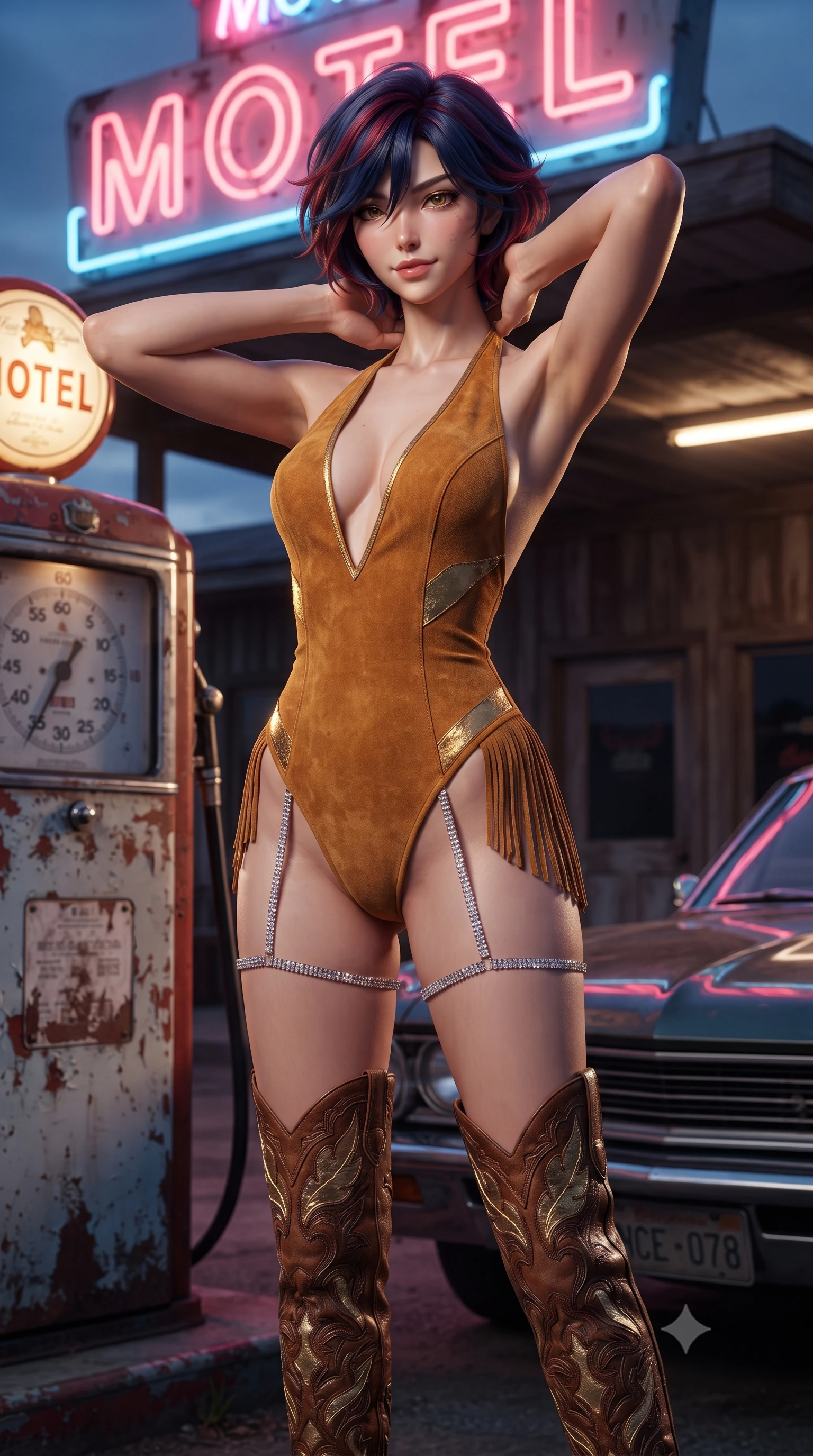 score_9, masterpiece, best quality, ultra-detailed, high-budget anime keyframe, editorial fashion photography, tasteful artistic composition, Korean woman. close-up cowboy shot from the waist and thighs up, the character dominates the composition, filling the frame with her large presence. resting both hands lightly behind her neck with elbows raised, arching her spine to highlight her narrow waist, flat midriff, and breathtaking collarbones while standing poised beneath the flickering neon motel sign, arching her spine with dangerous seductive cool as evening descends. The surrounding environment is rendered in vivid detail and crisp panoramic clarity: sharp peeling paint on the vintage gas pump, glass dial face reflections, and weathered wood grain in deep focus. She has an exceptionally elegant, slender, and willowy female figure with an ultra-slim waist, flat toned midriff, narrow ribcage, and sculpted feminine hips creating an alluring, slim hourglass silhouette without bulk. sharp v-shaped jawline, high-bridge nose, sparkling eyes with hypnotic seductive depth, thick curled eyelashes, glossy parted lips with a natural dewy peach sheen, alluring bedroom-eyes with an enchanting coquettish smile, exuding magnetic siren charisma and sophisticated glamour, flawlessly proportioned anatomical accuracy, strict slender model proportions, natural body alignment, perfectly sculpted long slender limbs, ultra-slim waistline, clean dynamic posture without body distortion. wearing a slinky backless halterneck suede leotard with fringe accents along the side hips and thigh-high cowboy boots in warm amber honey and antique gold leaf, tailored from second-skin technical compression neoprene with athletic curve-sculpting stretch, finished with delicate crystal-encrusted thigh garter straps glinting in the sunlight, the glove-like clinging cut tightly following the natural contour of her hips and long slender legs with youthful 8.5-heads elegance. illuminated by car hood reflections and sharp warm-gold rim lights defining her delicate clavicles, ultra-slim waist, and curvy hips. ultra-reflective glossy finish, specular highlights, rich textural contrasts, high-contrast stereoscopic depth, volumetric dynamic lighting, 2k, ultra detail, master piece, 9:16 ratio