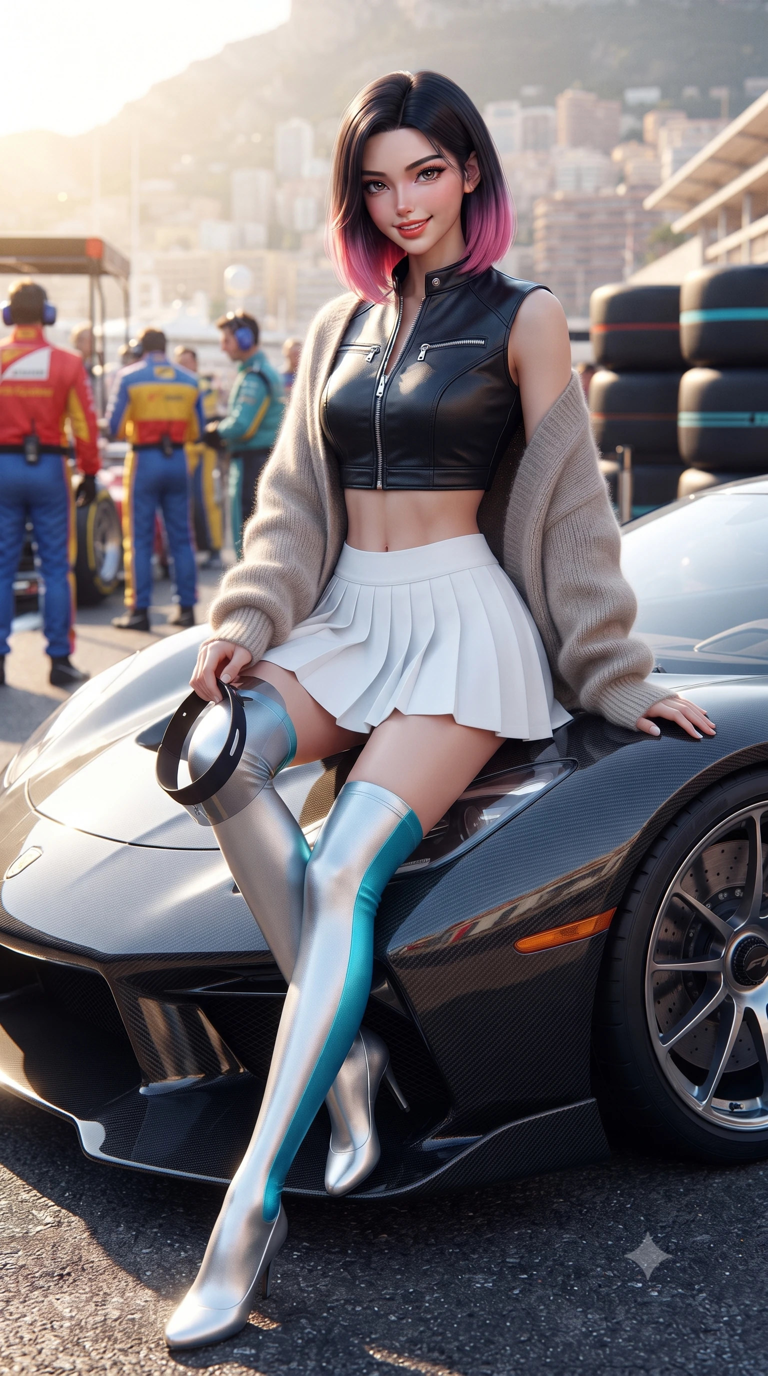 score_9, masterpiece, best quality, ultra-detailed, high-budget anime keyframe, editorial fashion photography, tasteful artistic composition, Korean woman. low angle full-body shot from head to toe showing her feet, filling the entire 9:16 vertical frame with her statuesque presence, stretching her vertical silhouette. sitting perched on the elevated umpire chair with legs crossed and hips angled toward the camera, displaying her toned midriff and long slender limbs with joyful, coquettish charm while sitting perched on the hood of a sleek carbon-fiber hypercar on the paddock terrace, arching her lower back with a confident, smoldering half-smile and racing visor in hand. The background shows a soft-focus F1 pit crews in colorful uniforms and stacks of racing tires softened in glamorous Riviera motorsport shallow focus. She has an absolutely perfect, statuesque 8.5-heads proportion, an exceptionally tall and slender model-like female figure with impossibly long slender legs, an ultra-slim waist, a flat toned midriff, narrow delicate ribcage, and beautifully sculpted feminine hips creating a graceful, slim hourglass silhouette without any bulky heaviness. sharp v-shaped jawline, high-bridge nose, sparkling eyes with athletic focus and depth, thick curled eyelashes, glossy parted lips with a natural coral-peach sheen, bright confident and coquettish smile with alluring bedroom-eyes, exuding both youthful sporty vigor and sovereign high-society glamour, flawlessly proportioned anatomical accuracy, strict slender model proportions, natural body alignment, perfectly sculpted long slender limbs, ultra-slim waistline, clean dynamic posture without body distortion. wearing a cropped zip-front racing leather bolero jacket paired with a micro-pleated white tennis mini-skirt and thigh-high sports socks in metallic liquid silver and electric cyan, made of second-skin technical compression piqué knit with moisture-wicking stretch, complemented by an oversized cashmere knit cardigan slipping off one bare shoulder, the high-waisted wrap tailoring accentuating her ultra-slim waistline and the enchanting curve of her feminine hips with alluring sporty charm. bathed in brilliant Mediterranean golden hour sunlight streaming across the harbor. ultra-reflective glossy finish, specular highlights, rich textural contrasts, high-contrast stereoscopic depth, volumetric dynamic lighting, 2k, ultra detail, master piece, 9:16 ratio