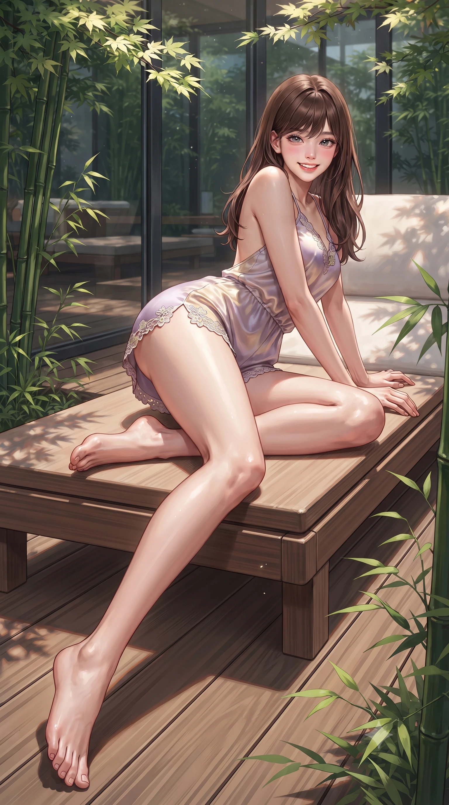 score_9, masterpiece, best quality, ultra-detailed, high-budget anime keyframe, editorial fashion photography, tasteful artistic composition, Korean woman. low angle full-body shot from head to toe showing her feet, filling the entire 9:16 vertical frame with her statuesque presence, stretching her vertical silhouette. reclining languidly on her side across the sunbed with one knee drawn up, her radiant smile and arched hip curve commanding the 9:16 vertical frame with youthful sensual charisma while sitting on a low-slung cedarwood bench surrounded by lush green bamboo, arching her lower back with a charming, intellectual cute smile. The surrounding environment is rendered in vivid detail and crisp panoramic clarity. sharp cedar wood plank grain, bamboo leaf textures, and glass wall reflections in deep focus. She has an exceptionally tall and slender model-like 8.5-heads proportion, an ultra-slim waist, a flat toned midriff, narrow delicate ribcage, and beautifully sculpted feminine hips creating a graceful, slim hourglass silhouette without any bulky heaviness, with impossibly long slender legs. sharp v-shaped jawline, high-bridge nose, intricate jewel-like sparkling eyes with depth, thick eyelashes, glossy parted lips with a natural peach sheen, bright cheerful beaming smile with an enchanting and coquettish sensual glint, exuding both youthful cute charm and seductive allure, flawlessly proportioned anatomical accuracy, strict slender model proportions, natural body alignment, perfectly sculpted long slender limbs, ultra-slim waistline, clean dynamic posture without body distortion. wearing a second-skin stretch cotton camisole romper with high-cut leg openings and an open back in soft lilac and champagne shimmer, crafted from soft breathable linen with effortless natural drape, complemented by delicate embroidered floral trim along the hem, the form-fitting cut adhering flawlessly to her sculpted flat midriff and slender torso, emphasizing her long leg lines and perfectly proportioned willowy build. bathed in soft, dappled morning sunlight filtering through Japanese maple leaves. ultra-reflective glossy finish, specular highlights, rich textural contrasts, high-contrast stereoscopic depth, volumetric dynamic lighting, 2k, ultra detail, master piece, 9:16 ratio