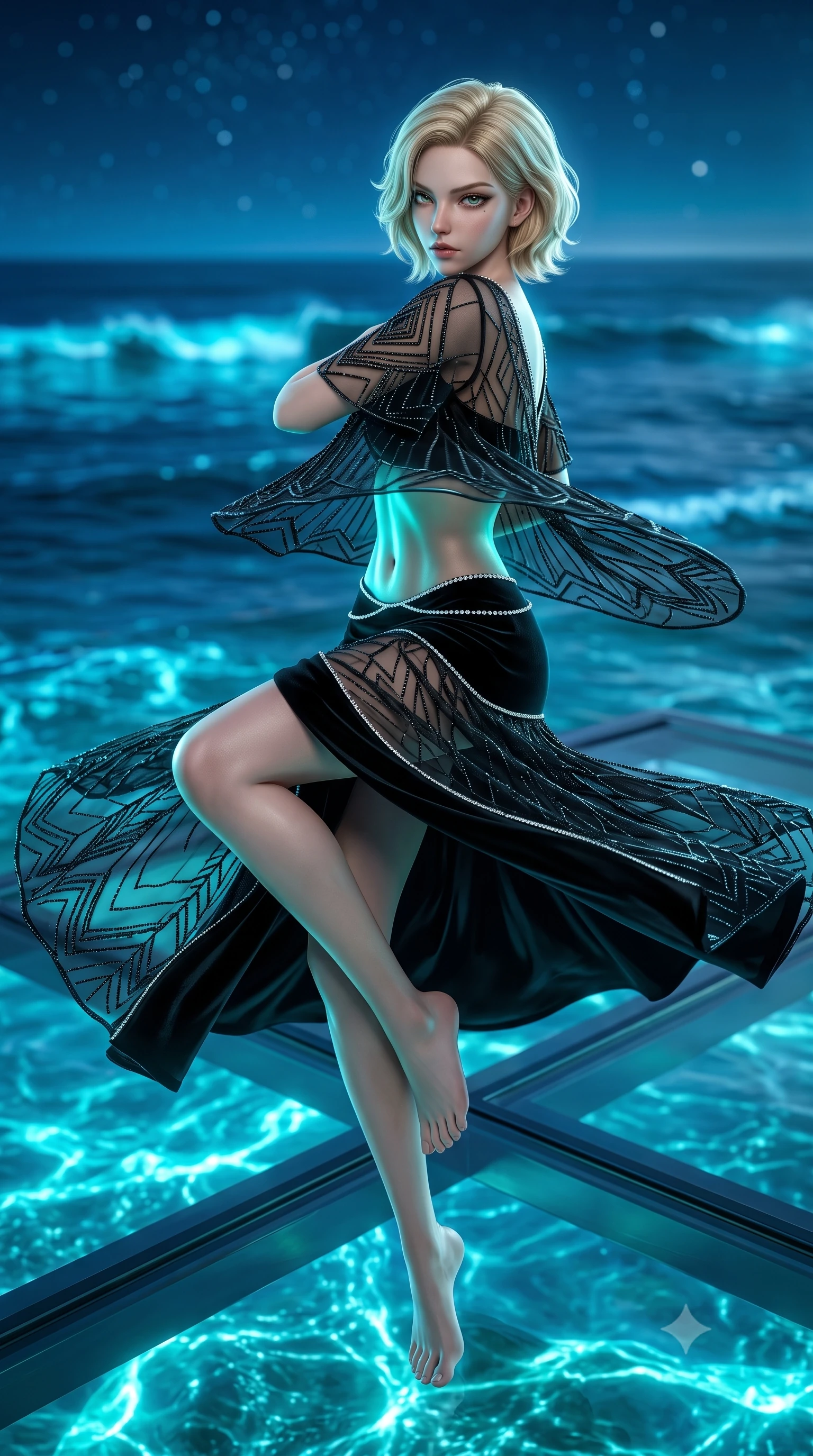 score_9, masterpiece, best quality, ultra-detailed, high-budget anime keyframe, semi-realistic 3D game render, editorial fashion photography, tasteful artistic composition, Caucasian woman. low angle full-body shot from head to toe showing her feet, filling the entire 9:16 vertical frame with her statuesque presence, stretching her vertical silhouette. executing an elegant mid-motion pivot turn as garments swirl around her slender limbs, glancing over her shoulder with an intoxicating bedroom-gaze while sitting perched on the edge of the glass floor terrace with legs crossed, her toned flat midriff glowing in the ethereal blue tide. The composition keeps background elements in soft focus with creamy bokeh. glowing blue-green bioluminescent waves and starlit Indian Ocean horizon blurred into luminous cyan, sapphire, and starlight bokeh. She has an exceptionally tall and slender model-like 8.5-heads proportion, an ultra-slim waist, a flat toned midriff, narrow delicate ribcage, and beautifully sculpted feminine hips creating a graceful, slim hourglass silhouette without any bulky heaviness, with impossibly long slender legs. sharp v-shaped jawline, high-bridge nose, intricate jewel-like eyes with depth, thick eyelashes, glossy parted lips with a natural sheen, intensely captivating and seductive bedroom-eyes expression, flawlessly proportioned anatomical accuracy, strict slender model proportions, natural body alignment, perfectly sculpted long slender limbs, ultra-slim waistline, clean dynamic posture without body distortion. wearing a sheer vintage mesh flapper dress adorned with intricate geometric beadwork over an opaque silk slip in pitch-black velvet with diamond crystal trim, crafted from heavyweight crushed silk velvet with liquid vintage luster, accented with a dainty diamond waist chain catching the ambient light reflections, the liquid-tight tailored fabric clinging flawlessly to her narrow waist and rounded feminine hips, emphasizing every millimeter of her sculpted slim hourglass curves without any bulky heaviness. illuminated by sparkling aquatic highlights carving her razor-sharp jawline, narrow waist, and curvy hips. highly saturated vibrant anime colors, detailed shading with soft gradients, rich glossy textures, high-contrast stereoscopic depth, volumetric dynamic lighting, master piece, 9:16 ratio