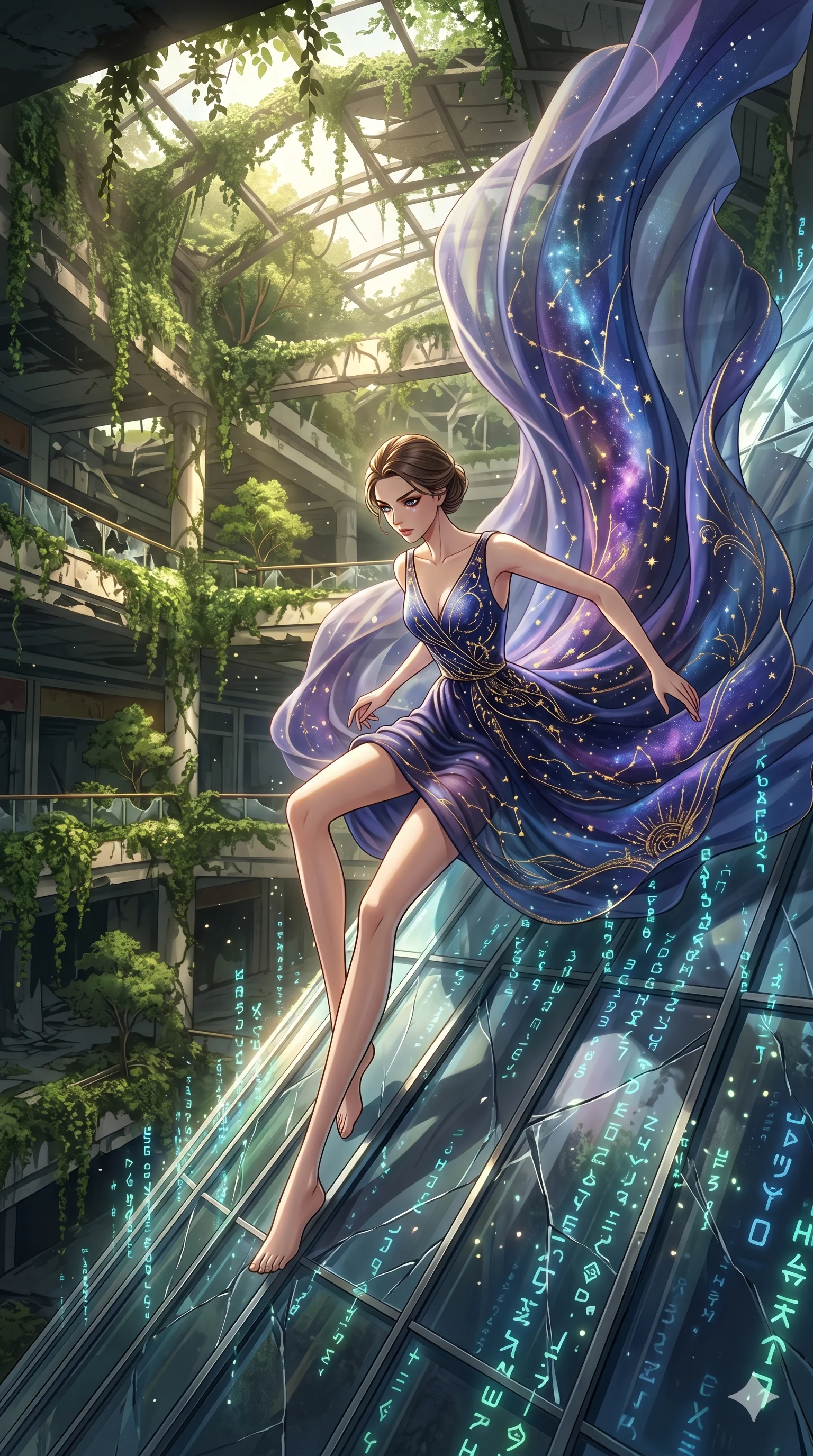 score_9, masterpiece, best quality, ultra-detailed, Set A: High-budget Anime Keyframe, Caucasian (human ears) woman. Upper body close-up from the thighs up, character filling the screen for maximum presence. Theme: Historical Remix. sliding down a glass skyscraper in a ruined overgrown shopping mall, as a digital rain of 37 symbols washes over her. The atmosphere is filled with cinematic sunlight through leaves. She has an absolutely perfect 8-heads proportion, an exceptionally tall and slender female figure with impossibly long slender legs and an ultra-slim waist. Sharp v-shaped jawline, high-bridge nose, intricate jewel-like eyes with depth, glossy lips. Wearing Ethereal star-gazer gown with a massive flowing train that looks like a nebula. Cinematic lighting, vivid colors, dramatic shadows, 2k, ultra detail, master piece, 9:16 ratio