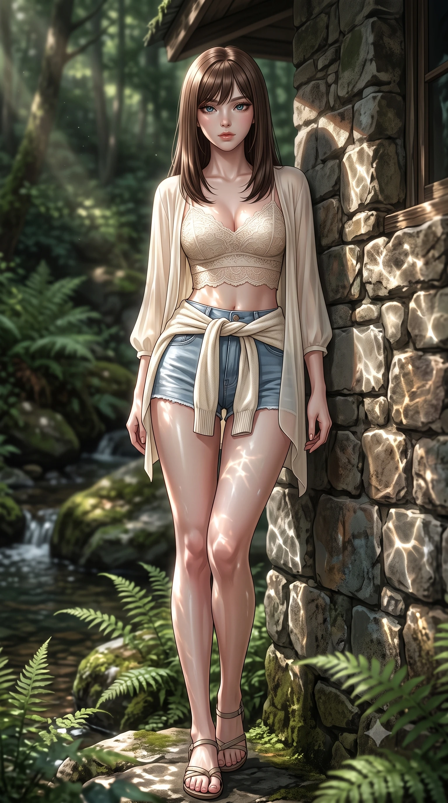 score_9, masterpiece, best quality, ultra-detailed, high-budget anime keyframe, editorial fashion photography, tasteful artistic composition, Korean woman. low angle full-body shot from head to toe showing her feet, filling the entire 9:16 vertical frame with her statuesque presence, stretching her vertical silhouette. leaning back against a rustic stone wall, casting a slow, alluring gaze at the camera the background shows a soft-focus a secluded forest stream cabin porch next to wild ferns and mossy rocks. She has an absolutely perfect, statuesque 8.5-heads proportion, an exceptionally tall and slender model-like female figure with impossibly long slender legs and an ultra-slim waist. sharp v-shaped jawline, high-bridge nose, intricate jewel-like eyes with depth, thick eyelashes, glossy lips with a natural sheen. wearing a tailored delicate lace crop top in cream, worn under a semi-opaque chiffon cardigan and denim shorts. dappled sunbeams reflecting off the moving water surface onto her form. ultra-reflective glossy finish, specular highlights, metallic sheen, high-contrast stereoscopic depth, volumetric dynamic lighting, 2k, ultra detail, master piece, 9:16 ratio