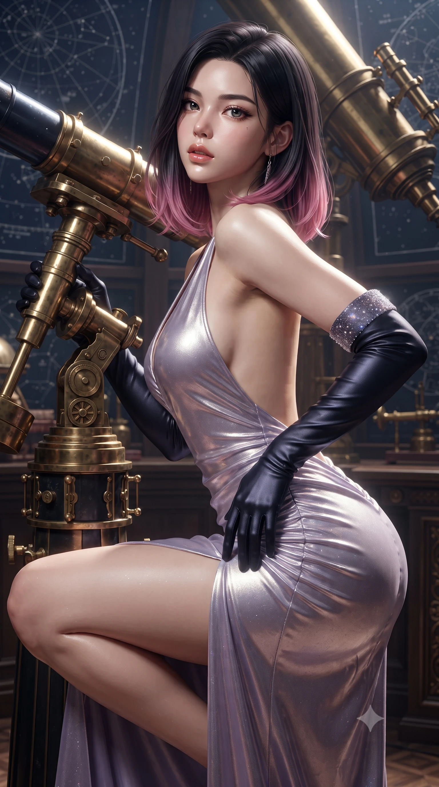 score_9, masterpiece, best quality, ultra-detailed, high-budget anime keyframe, editorial fashion photography, tasteful artistic composition, Korean woman. close-up cowboy shot from the waist and thighs up, the character dominates the composition, filling the frame with her large presence. arching her spine backward with effortless dancer poise, one hand sliding along her hip line as directional light carves specular highlights along her silhouette while crouching gracefully beside the brass telescope mount, looking back with parted glossy lips as galactic starlight washes over her curves. The surrounding environment is rendered in vivid detail and crisp panoramic clarity. monumental high-contrast cosmic chiaroscuro and sacred astronomical sanctuary architecture in precision. She has an exceptionally elegant, slender, and willowy female figure with an ultra-slim waist, a gracefully sculpted slender torso, toned flat midriff, and rounded feminine hips creating an alluring hourglass silhouette. sharp v-shaped jawline, high-bridge nose, intricate jewel-like eyes with depth, thick eyelashes, glossy parted lips with a natural sheen, intensely captivating and seductive bedroom-eyes expression, flawlessly proportioned anatomical accuracy, strict slender model proportions, natural body alignment, perfectly sculpted long slender limbs, ultra-slim waistline, clean dynamic posture without body distortion. wearing a plunging halter-neck metallic lamé column dress with a dramatic bare spine and hip-defining ruching in pearlescent opal with soft violet luster, crafted from heavyweight crushed silk velvet with liquid frost luster, complemented by opera-length midnight satin gloves and glowing stardust cuffs, the form-contouring material adhering flawlessly to her sculpted flat midriff and slender torso, emphasizing her long leg lines and perfectly proportioned willowy build. illuminated by starlight edge lights carving her slender waist, bare collarbones, and feminine hip line. ultra-reflective glossy finish, specular highlights, rich textural contrasts, high-contrast stereoscopic depth, volumetric dynamic lighting, 2k, ultra detail, master piece, 9:16 ratio