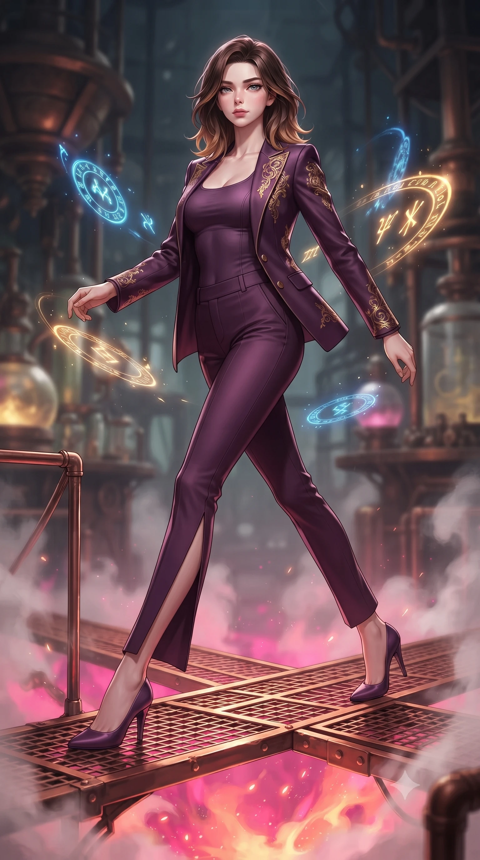 score_9, masterpiece, best quality, ultra-detailed, high-budget anime keyframe, editorial fashion photography, tasteful artistic composition, Korean woman. low angle full-body shot from head to toe showing her feet, filling the entire 9:16 vertical frame with her statuesque presence, stretching her vertical silhouette. stepping forward in a proud dynamic stride, her vertical silhouette filling the frame with statuesque presence while leaping across a copper catwalk as boiling liquid aurora energy erupts below, glowing alchemy runes hovering in mid-air, casting golden light on her face. She has an absolutely perfect, statuesque 8.5-heads proportion, an exceptionally tall and slender model-like female figure with impossibly long slender legs and an ultra-slim waist. sharp v-shaped jawline, high-bridge nose, intricate jewel-like eyes with depth, thick eyelashes, glossy lips with a natural sheen, flawlessly proportioned anatomical accuracy, natural body alignment, perfectly sculpted elegant limbs, clean dynamic posture without body distortion. wearing a tailored silk blazer over a form-contouring scoop-neck top and slacks in plum purple and gold filigree, formed from sleek second-skin neoprene, finished with a sleek side slit ascending to mid-thigh, the sleek second-skin texture accentuating her magnetic presence. bathed in hot pink and orange furnace underlighting with sharp bronze speculars. ultra-reflective glossy finish, specular highlights, metallic sheen, high-contrast stereoscopic depth, volumetric dynamic lighting, 2k, ultra detail, master piece, 9:16 ratio
