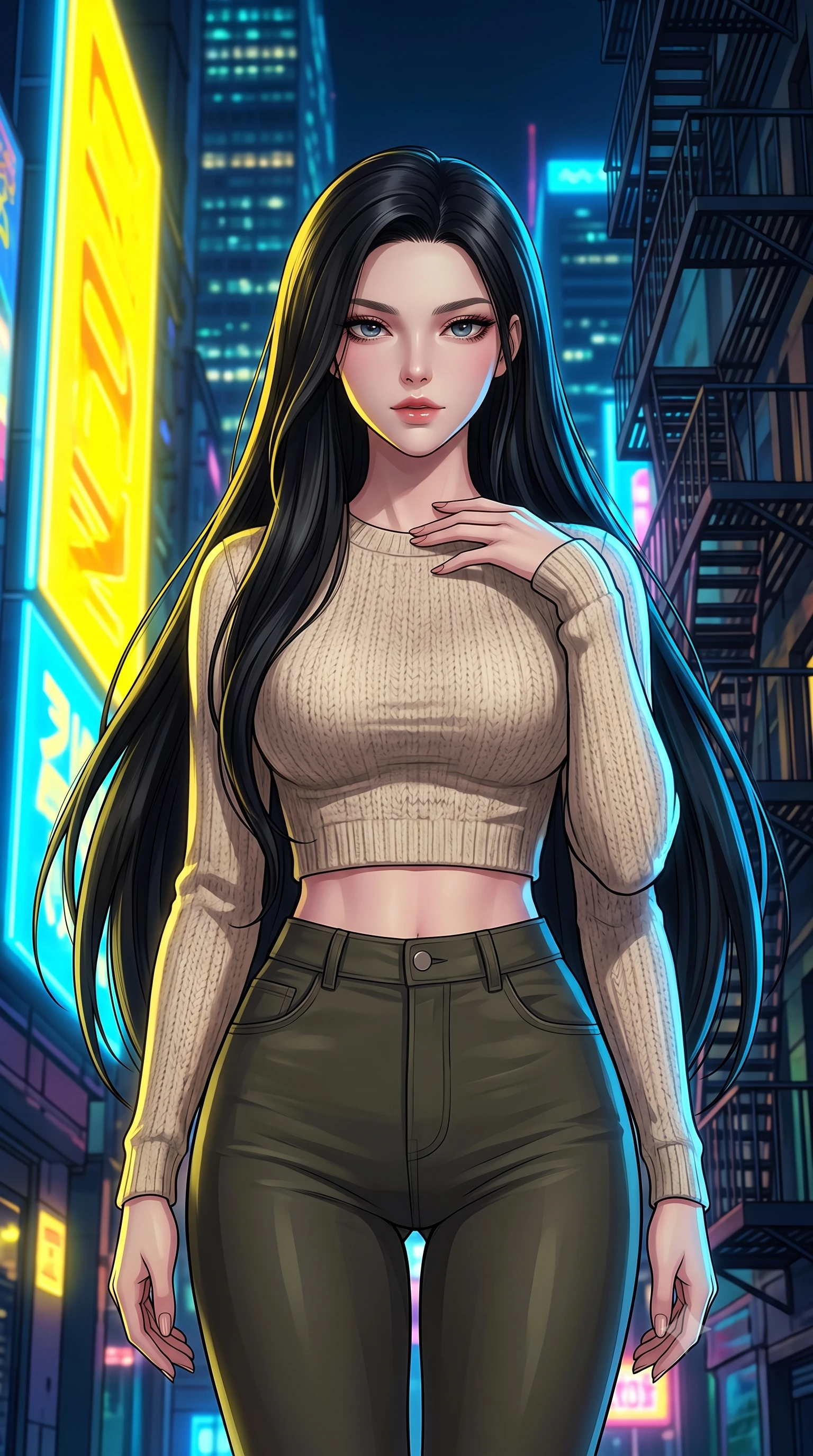 score_9, masterpiece, best quality, ultra-detailed, high-budget anime keyframe, tasteful artistic composition, Korean woman. close-up cowboy shot from the waist and thighs up, the character dominates the composition, filling the frame with her large presence, background elements kept in soft focus. standing with one hand resting on her collarbone, looking at the viewer with bedroom-eyes the background shows a soft-focus a narrow fire escape stairs attached to a towering neon skyscraper. She has an exceptionally elegant, slender, and willowy female figure with an ultra-slim waist, a gracefully sculpted slender torso, and a refined silhouette. sharp v-shaped jawline, high-bridge nose, intricate jewel-like eyes with depth, thick eyelashes, glossy lips with a natural sheen. wearing a body-hugging tight-fitting crop sweater in oatmeal wool, paired with high-waisted form-fitting pants. intense yellow and blue ambient glow from the massive advertisements across the street. highly saturated vibrant anime colors, cel-shading, 2d style, master piece, 9:16 ratio