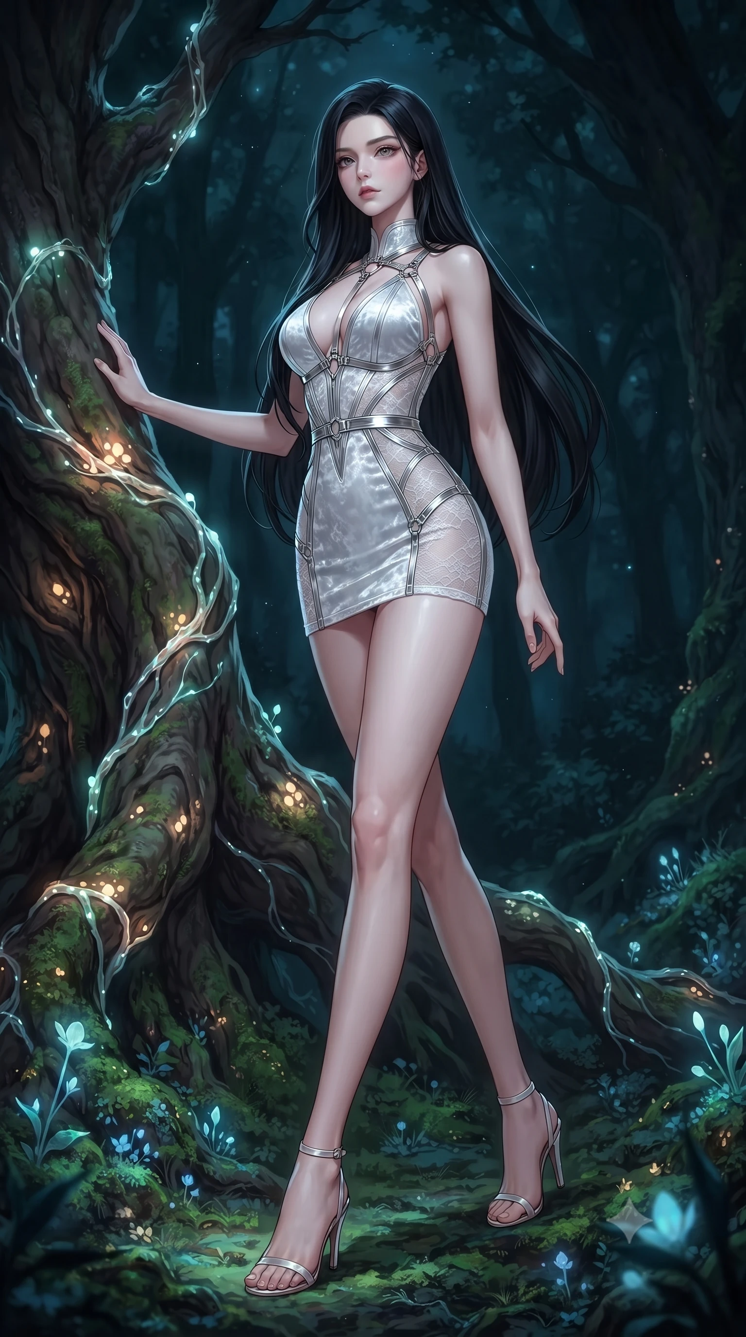 score_9, masterpiece, best quality, ultra-detailed, high-budget anime keyframe, editorial fashion photography, tasteful artistic composition, Korean woman. low angle full-body shot from head to toe showing her feet, filling the entire 9:16 vertical frame with her statuesque presence, stretching her vertical silhouette. stepping gracefully through the radiant environment, stretching her statuesque silhouette, resting against a giant tree root wrapped in glowing opal mycelium vines, deep forest shadow background providing intense subject isolation. She has an absolutely perfect, statuesque 8.5-heads proportion, an exceptionally tall and slender model-like female figure with impossibly long slender legs and an ultra-slim waist. sharp v-shaped jawline, high-bridge nose, intricate jewel-like eyes with depth, thick eyelashes, glossy lips with a natural sheen. wearing deep V-neck corset bodice mini dress with sheer white lace panels in pearl white, made of crushed white silk velvet, highlighted by a platinum metallic harness structure, following her slender form with tailored precision. lit by quiet bioluminescent key light in a dark woodland setting. highly saturated vibrant anime colors, detailed shading with soft gradients, rich glossy textures, high-contrast stereoscopic depth, volumetric dynamic lighting, master piece, 9:16 ratio