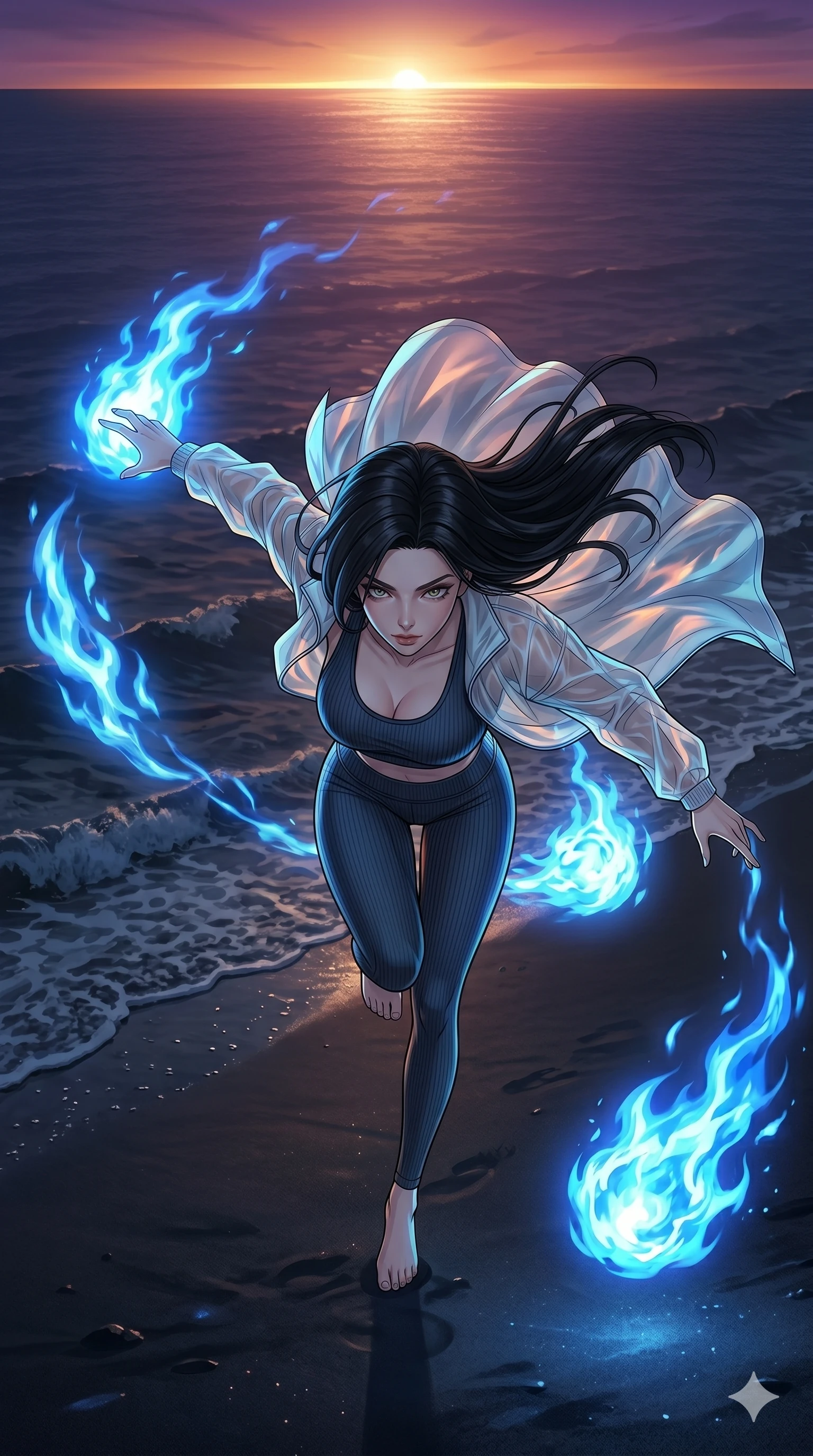 score_9, masterpiece, best quality, ultra-detailed, high-budget anime movie keyframe, cinematic anime lighting, intricate line art, Caucasian (strictly human ears) woman. Extreme high angle shot as she leaps towards the camera, filling the frame. performing a fire-dance with spheres of blue flame on a beach. She has an absolutely perfect 8-heads proportion, an exceptionally tall and slender female figure with an ultra-slim waist and impossibly long slender legs. strictly human anatomy, two legs only, no extra limbs, clearly defined legs and arms, perfect anatomy, perfect hands and fingers. sharp v-shaped jawline, high-bridge nose, intricate jewel-like eyes, thick eyelashes, glossy lips. Wearing Premium Athleisure: Ribbed sports bra and leggings set, sheer windbreaker, and sleek high-performance activewear. The scene is illuminated by dramatic atmospheric lighting and vibrant color palettes. , 2k, ultra detail, master piece, 9:16 ratio