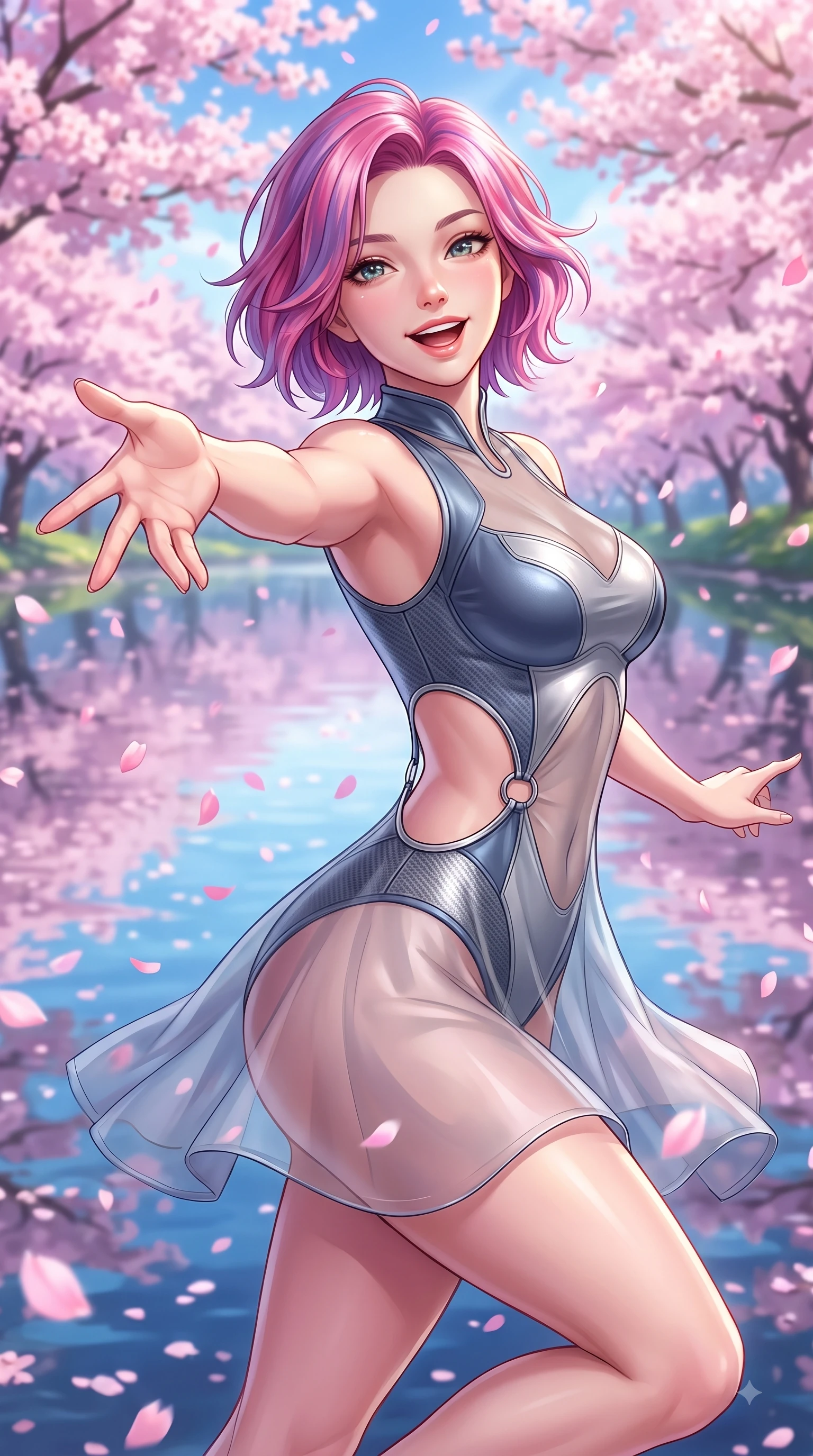score_9, masterpiece, best quality, ultra-detailed, high-budget anime keyframe, editorial fashion photography, tasteful artistic composition, Caucasian woman. close-up cowboy shot from the waist and thighs up, the character dominates the composition, filling the frame with her large presence, background elements kept in soft focus. Enchanting happy smile, her eyes twinkling like jewels in the bright sunlight as one arm reaches out playfully while spinning in mid-air over a serene mirror lake as pink petals rain softly around her, dense canopies of pink cherry blossoms scattering petals across the clear blue lake. She has an exceptionally elegant, slender, and willowy female figure with an ultra-slim waist, a gracefully sculpted slender torso, and a refined silhouette. sharp v-shaped jawline, high-bridge nose, intricate jewel-like eyes with depth, thick eyelashes, glossy lips with a natural sheen, flawlessly proportioned anatomical accuracy, natural body alignment, perfectly sculpted elegant limbs, clean dynamic posture without body distortion. wearing a semi-opaque sheer overlay dress over a leather micro-bodysuit in slate blue and metallic silver, made of fine carbon-fiber weave and soft matte leather, accented with delicate chrome ring hardware framing her waist, the glove-like fit emphasizing her statuesque silhouette during motion. surrounded by a serene, uplifting spring aura with cheerful highlights. highly saturated vibrant anime colors, detailed shading with soft gradients, rich glossy textures, high-contrast stereoscopic depth, volumetric dynamic lighting, master piece, 9:16 ratio