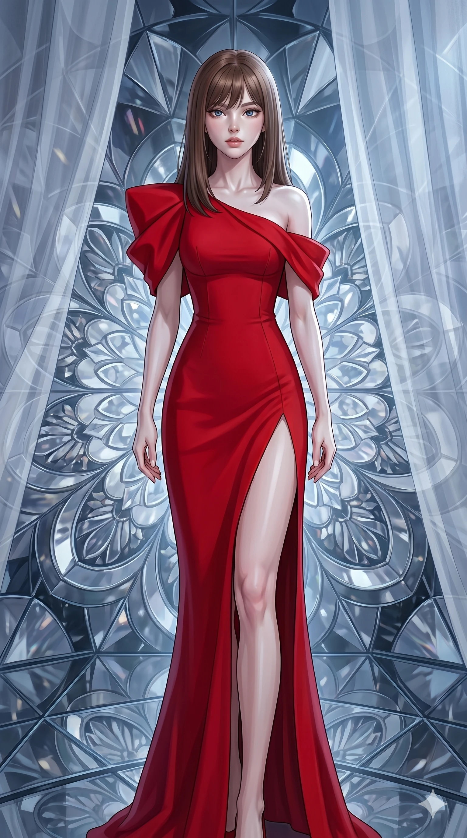 score_9, masterpiece, best quality, ultra-detailed, high-budget anime keyframe, editorial fashion photography, tasteful artistic composition, Korean woman. cowboy shot from the thighs up, character and outfit filling the frame for maximum editorial presence. Tilting her chin up slightly with lips parted in a composed expression within a rotating kaleidoscope chamber where mirrored petals form endlessly shifting mandalas. She has an absolutely perfect 8-heads proportion, an exceptionally tall and slender female figure with impossibly long slender legs and an ultra-slim waist. V-shaped jawline, high-bridge nose, intricate jewel-like eyes with depth, thick eyelashes, glossy lips with a natural sheen. wearing a scarlet red crepe floor-length one-shoulder gown with a structured fitted bodice, a bold side slit ascending to mid-thigh, and dramatic architectural volume at the shoulder. bathed in cold silver moonlight filtered through translucent gossamer curtains casting soft shadows on her curves. 2k, ultra detail, master piece, 9:16 ratio