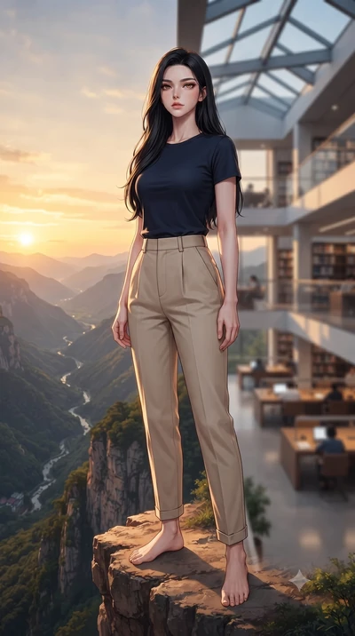 score_9, masterpiece, best quality, ultra-detailed, high-budget anime keyframe, editorial fashion photography, tasteful artistic composition, Korean woman woman. low angle full-body shot from head to toe showing her feet, filling the entire 9:16 vert