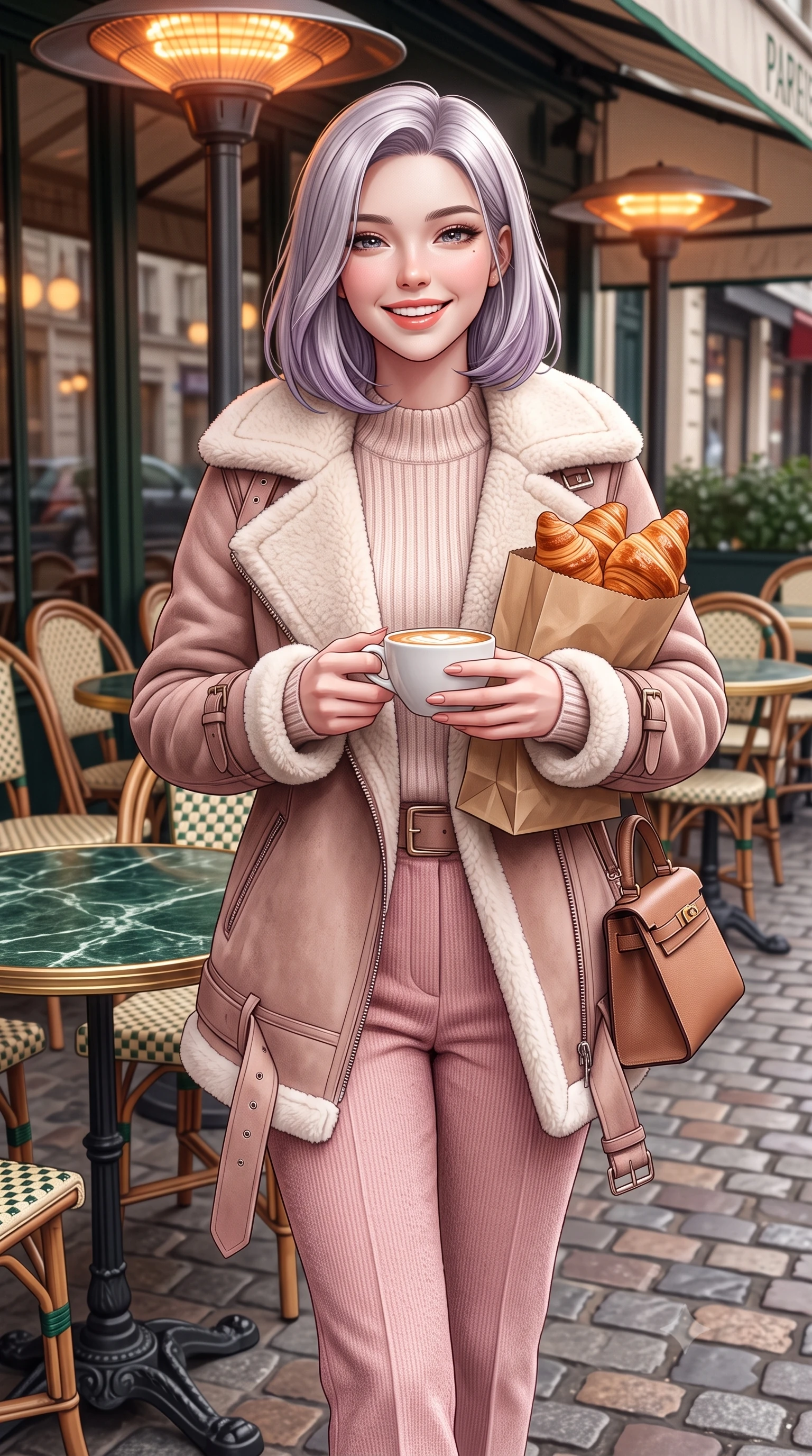 score_9, masterpiece, best quality, ultra-detailed, high-budget anime keyframe, semi-realistic 3D game render, editorial fashion photography, tasteful artistic composition, Caucasian woman. close-up cowboy shot from the waist and thighs up, the character dominates the composition, filling the frame with her large presence. holding a warm porcelain cup in both hands while tilting her head with an enchanting, beaming smile while walking out onto the cobblestone terrace holding a warm croissant bag, her belted trench coat framing her tall 8.5-heads silhouette. The surrounding environment is rendered in vivid detail and crisp panoramic clarity: sharp green marble tabletop veining, intricate woven rattan chair patterns, and cast-iron table base curves in deep focus. She has an exceptionally elegant, slender, and willowy female figure with an ultra-slim waist, flat toned midriff, narrow ribcage, and sculpted feminine hips creating an alluring, slim hourglass silhouette without bulk. sharp v-shaped jawline, high-bridge nose, intricate jewel-like sparkling eyes with depth, thick eyelashes, glossy parted lips with a natural peach sheen, bright cheerful beaming smile with an enchanting and coquettish sensual glint, exuding both youthful cute charm and seductive allure, flawlessly proportioned anatomical accuracy, strict slender model proportions, natural body alignment, perfectly sculpted long slender limbs, ultra-slim waistline, clean dynamic posture without body distortion. wearing a plush shearling-trimmed suede aviator coat layered over a cozy ribbed merino knit sweater and tailored corduroy pants in Parisian pastel rose bouclé and cream pearl, made of crisp Egyptian cotton poplin with pristine tailored pressing, finished with a structured leather top-handle mini bag resting gracefully at her side, the structured cinched belt emphasizing her narrow waistline and gracefully balanced proportions with timeless haute-couture polish. bathed in soft overcast Parisian natural daylight warmed by glowing overhead outdoor patio heaters. highly saturated vibrant anime colors, detailed shading with soft gradients, rich glossy textures, high-contrast stereoscopic depth, volumetric dynamic lighting, master piece, 9:16 ratio