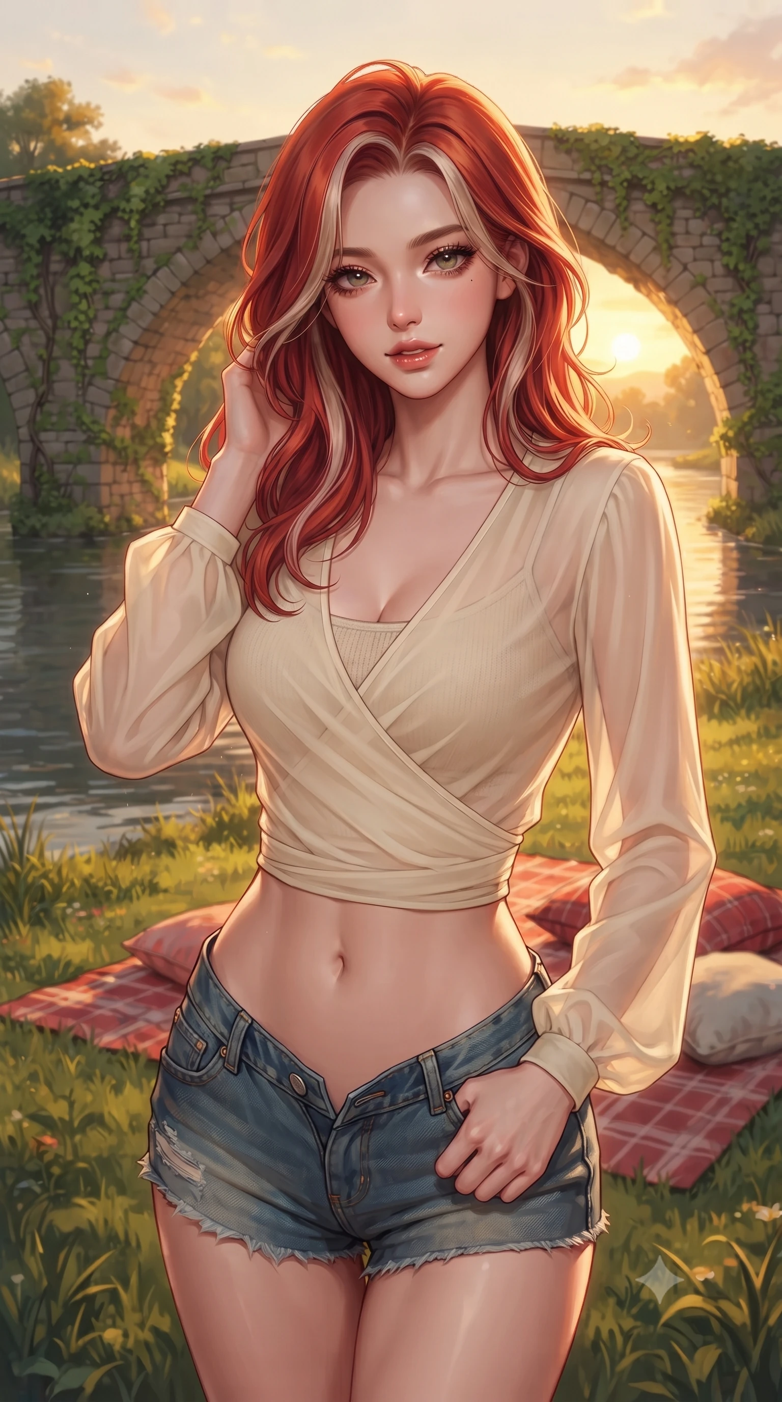 score_9, masterpiece, best quality, ultra-detailed, high-budget anime keyframe, editorial fashion photography, tasteful artistic composition, Caucasian woman. close-up cowboy shot from the waist and thighs up, the character dominates the composition, filling the frame with her large presence, background elements kept in soft focus. gazing at the camera with a smoldering, magnetic half-smile, softly parting her glossy lips set against a soft-focus background of next to a scenic river bridge with stone arches and green ivy vines with a red checkered picnic blanket and pillows arranged on the grass. She has an exceptionally elegant, slender, and willowy female figure with an ultra-slim waist, a gracefully sculpted slender torso, and a refined silhouette. sharp v-shaped jawline, high-bridge nose, intricate jewel-like eyes with depth, thick eyelashes, glossy lips with a natural sheen. wearing form-contouring sheer chiffon wrap top in cream, worn over a slim-fit knit bralette and low-cut shorts. volumetric sunset rays casting long warm highlights on her active form. highly saturated vibrant anime colors, detailed shading with soft gradients, rich glossy textures, high-contrast stereoscopic depth, volumetric dynamic lighting, master piece, 9:16 ratio