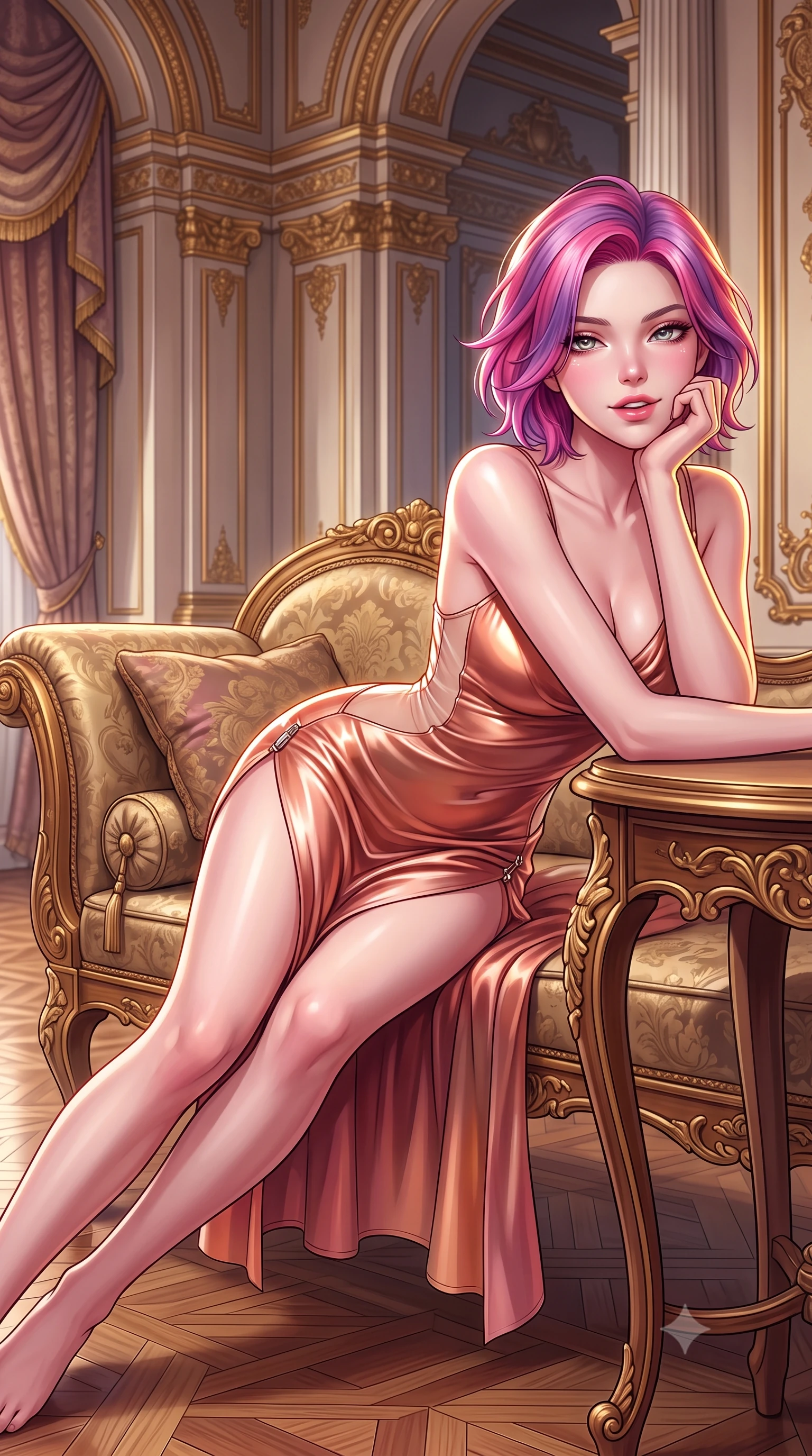 score_9, masterpiece, best quality, ultra-detailed, high-budget anime keyframe, semi-realistic 3D game render, editorial fashion photography, tasteful artistic composition, Caucasian woman. close-up cowboy shot from the waist and thighs up, the character dominates the composition, filling the frame with her large presence. resting one elbow on the table and supporting her chin, leaning close to the camera with heavy-lidded sparkling eyes and parted lips while lounging gracefully across the antique gilded chaise propped on one elbow with legs extended, displaying her long slender limbs and statuesque hourglass silhouette with regal anime flair. The surrounding environment is rendered in vivid detail and crisp panoramic clarity: detailed anime keyframe lines, rich fabric textures, and monumental cyber-baroque architecture in razor-sharp precision. She has an exceptionally elegant, slender, and willowy female figure with an ultra-slim waist, flat toned midriff, narrow ribcage, and sculpted feminine hips creating an alluring, slim hourglass silhouette without bulk. sharp v-shaped jawline, high-bridge nose, intricate jewel-like sparkling eyes with depth, thick eyelashes, glossy parted lips with a natural peach sheen, bright cheerful beaming smile with an enchanting and coquettish sensual glint, exuding both youthful cute charm and seductive allure, flawlessly proportioned anatomical accuracy, strict slender model proportions, natural body alignment, perfectly sculpted long slender limbs, ultra-slim waistline, clean dynamic posture without body distortion. wearing a form-contouring gossamer silk chiffon slip dress with a hip-high slit and open cowl back clinging with dewy moisture in high-gloss rose-gold and burnished copper, featuring strategic sheer-illusion tulle side panels framing her ribcage and hips, finished with sleek magnetic buckle closures fluttering in the breeze, the glove-like clinging cut tightly following the natural contour of her hips and long slender legs with youthful 8.5-heads elegance. illuminated by polished parquet reflection bounce and sharp gold-plasma rim lights sculpting her jawline, narrow waist, and curvy hips. highly saturated vibrant anime colors, detailed shading with soft gradients, rich glossy textures, high-contrast stereoscopic depth, volumetric dynamic lighting, master piece, 9:16 ratio