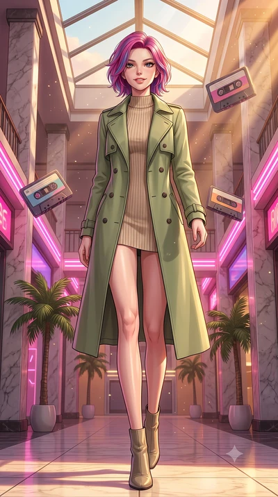 score_9, masterpiece, best quality, ultra-detailed, high-budget anime keyframe, editorial fashion photography, tasteful artistic composition, Caucasian woman, strictly human ears. low angle full-body shot from head to toe showing her feet, filling th