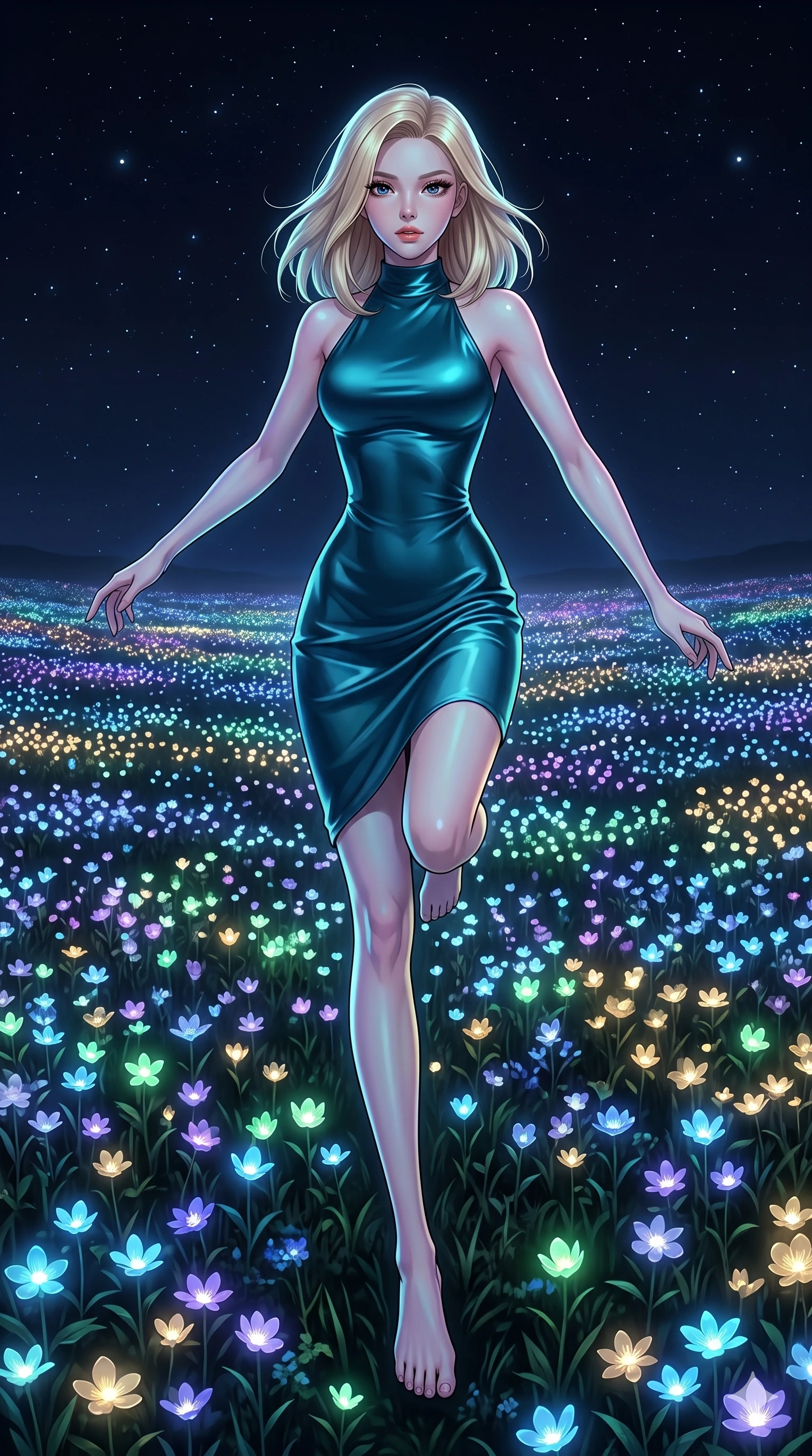 score_9, masterpiece, best quality, ultra-detailed, high-budget anime keyframe, editorial fashion photography, tasteful artistic composition, Korean woman. low angle full-body shot from head to toe showing her feet, filling the entire 9:16 vertical frame with her statuesque presence, stretching her vertical silhouette. leaping gracefully through a midnight meadow stretching to the horizon where every flower emits its own soft bioluminescent glow in different colors creating a landscape of living light in blue violet green and gold. She has a statuesque 8.5-heads proportion, an exceptionally tall, slender and willowy model-like build with impossibly long legs and a highly sculpted ultra-slim waist. sharp v-shaped jawline, high-bridge nose, intricate jewel-like eyes with depth, thick eyelashes, glossy lips with a natural sheen. wearing a form-contouring mock-neck dress in glossy deep teal silk, highlighting her slender build and elegant proportions with couture precision. the collective bioluminescent glow of millions of flowers creates a soft upward-casting multicolored luminescence against the dark starry sky above. 2k, ultra detail, master piece, 9:16 ratio