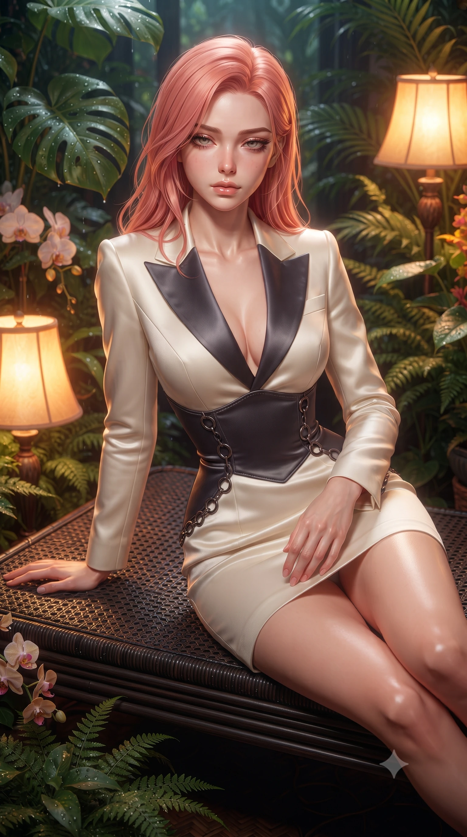 score_9, masterpiece, best quality, ultra-detailed, high-budget anime keyframe, editorial fashion photography, tasteful artistic composition, Japanese woman. close-up cowboy shot from the waist and thighs up, the character dominates the composition, filling the frame with her large presence, background elements kept in soft focus. Casting a slow, direct gaze beneath heavy lashes with quiet intensity, resting on a dark rattan daybed surrounded by humid, dew-covered tropical flora, warm amber floor lamps casting intimate golden rays through plant foliage. She has an exceptionally elegant, slender, and willowy female figure with an ultra-slim waist, a gracefully sculpted slender torso, and a refined silhouette. sharp v-shaped jawline, high-bridge nose, intricate jewel-like eyes with depth, thick eyelashes, glossy lips with a natural sheen. wearing tailored ivory tux dress with satin lapels and fitted waist in dark charcoal gray, made of soft crimson satin, trimmed with dark chrome ring hardware along the waist contours, highlighting her statuesque proportions and ultra-slim waistline. illuminated by warm amber floor lights filtering through tropical greenery. highly saturated vibrant anime colors, detailed shading with soft gradients, rich glossy textures, high-contrast stereoscopic depth, volumetric dynamic lighting, master piece, 9:16 ratio