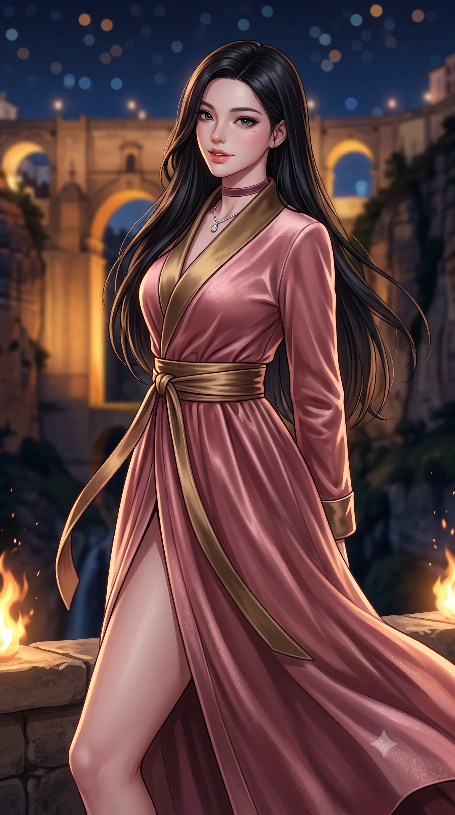 score_9, masterpiece, best quality, ultra-detailed, high-budget anime keyframe, semi-realistic 3D game render, editorial fashion photography, tasteful artistic composition, Korean woman. close-up cowboy shot from the waist and thighs up, the character dominates the composition, filling the frame with her large presence. posing in an alluring rear three-quarter angle, looking over a bare shoulder with parted glossy lips, her hips cocked back to highlight her slim hourglass curve while standing poised on the cantilevered stone terrace at the dizzying edge of the vertical 120-meter limestone gorge, arching her lower back as nocturnal mountain winds whip around her silhouette. The background shows a soft-focus monumental illuminated stone arches of the Puente Nuevo spanning the dark abyss, sheer vertical limestone cliffs, and starry Andalusian sky blurred into amber, slate, and sapphire bokeh. She has an exceptionally elegant, slender, and willowy female figure with an ultra-slim waist, flat toned midriff, narrow ribcage, and sculpted feminine hips creating an alluring, slim hourglass silhouette without bulk. sharp v-shaped jawline, high-bridge nose, intricate jewel-like sparkling eyes with depth, thick eyelashes, glossy parted lips with a natural peach sheen, bright cheerful beaming smile with an enchanting and coquettish sensual glint, exuding both youthful cute charm and seductive allure, flawlessly proportioned anatomical accuracy, strict slender model proportions, natural body alignment, perfectly sculpted long slender limbs, ultra-slim waistline, clean dynamic posture without body distortion. wearing a bespoke Japanese minimalist silk kimono-collar structured trench coat with obi sash belt in rose-quartz blush and antique burnished brass, tailored from ultra-plush silk velvet with rich tactile depth and deep shadow gradients, finished with a thin velvet ribbon choker and a single teardrop diamond pendant, the impeccably tailored cut draping gracefully along her slender figure with aristocratic poise. bathed in the contrast of warm 2100K terrace fire pit flames and golden architectural floodlights on the Puente Nuevo bridge. highly saturated vibrant anime colors, detailed shading with soft gradients, rich glossy textures, high-contrast stereoscopic depth, volumetric dynamic lighting, master piece, 9:16 ratio