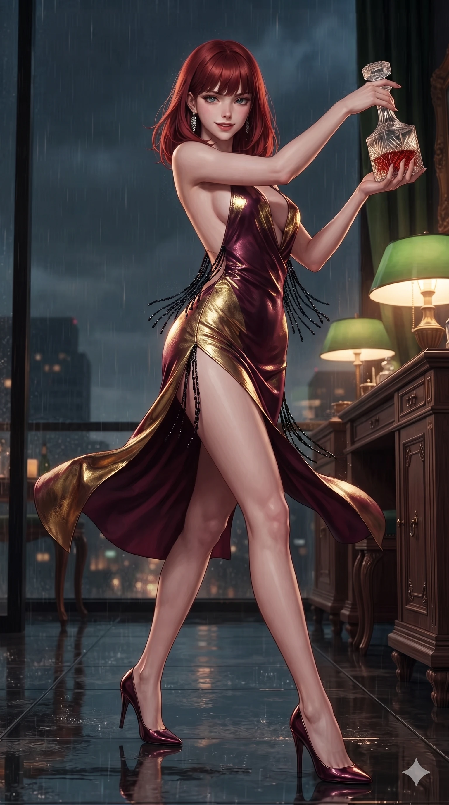 score_9, masterpiece, best quality, ultra-detailed, high-budget anime keyframe, editorial fashion photography, tasteful artistic composition, Caucasian woman. low angle full-body shot from head to toe showing her feet, filling the entire 9:16 vertical frame with her statuesque presence, stretching her vertical silhouette. striding across the rain-swept glass terrace, nocturnal breezes whipping her garments open to accentuate her long slender legs and curvy hips while twisting her slender torso in an alluring S-curve while reaching for a vintage crystal decanter, her dark tailored fit highlighting her hourglass curves. The surrounding environment is rendered in vivid detail and crisp panoramic clarity: detailed tailored velvet jacket drape, fine jet-black beaded tassels, and vintage woodwork in razor-sharp precision. She has an exceptionally tall and slender model-like 8.5-heads proportion, an ultra-slim waist, a flat toned midriff, narrow delicate ribcage, and beautifully sculpted feminine hips creating a graceful, slim hourglass silhouette without any bulky heaviness, with impossibly long slender legs. sharp v-shaped jawline, high-bridge nose, intricate jewel-like dark sparkling eyes with dangerous depth, thick curled eyelashes, glossy parted lips with a rich wine sheen, smoldering seductive half-smile with bedroom-eyes, exuding effortless superiority and intoxicating dark allure, flawlessly proportioned anatomical accuracy, strict slender model proportions, natural body alignment, perfectly sculpted long slender limbs, ultra-slim waistline, clean dynamic posture without body distortion. wearing a provocative backless liquid lamé slip dress with plunging neckline and hip-high thigh slit in deep wine burgundy and lustrous gold foil, tailored from smooth liquid silk satin that clings smoothly to her narrow waist and rounded hips with a dewy sheen, accented with fine jet-black beaded tassels that sway with each movement, the precision-cut side openings and low-back scoop framing her graceful spine and the sensual sweep of her slim, toned hips. bathed in soft reading-lamp tungsten glow filtering through green banker shades with rich ambient contrast. ultra-reflective glossy finish, specular highlights, rich textural contrasts, high-contrast stereoscopic depth, volumetric dynamic lighting, 2k, ultra detail, master piece, 9:16 ratio