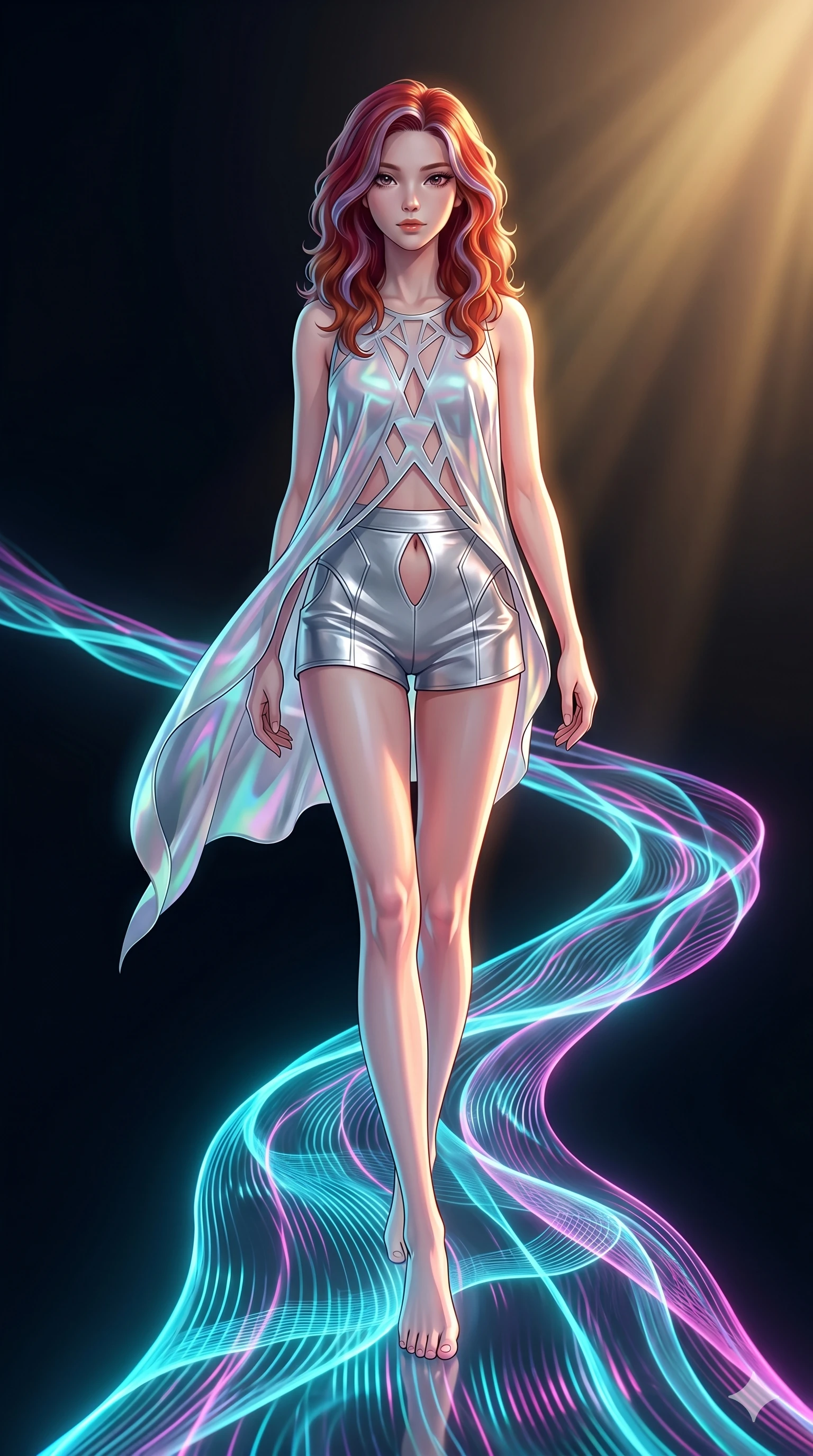 score_9, masterpiece, best quality, ultra-detailed, high-budget anime keyframe, Japanese woman. low angle full-body shot filling the entire 9:16 frame with her statuesque presence, stretching the vertical silhouette. stepping on holographic fluid ribbons of sound that ripple with cyan and magenta light in a dark virtual void. She has an absolutely perfect 8-heads proportion, an exceptionally tall and slender female figure with impossibly long slender legs and an ultra-slim waist. V-shaped jawline, high-bridge nose, intricate jewel-like eyes with depth, thick eyelashes, glossy lips with a natural sheen.. wearing a holographic liquid silk vest and silver metallic tailored tailored mini shorts, featuring a keyhole cutout and architectural silhouette. showcasing a beautiful play of light and shadow, with warm golden rays clashing against cool cyan highlights. 2k, ultra detail, master piece, 9:16 ratio