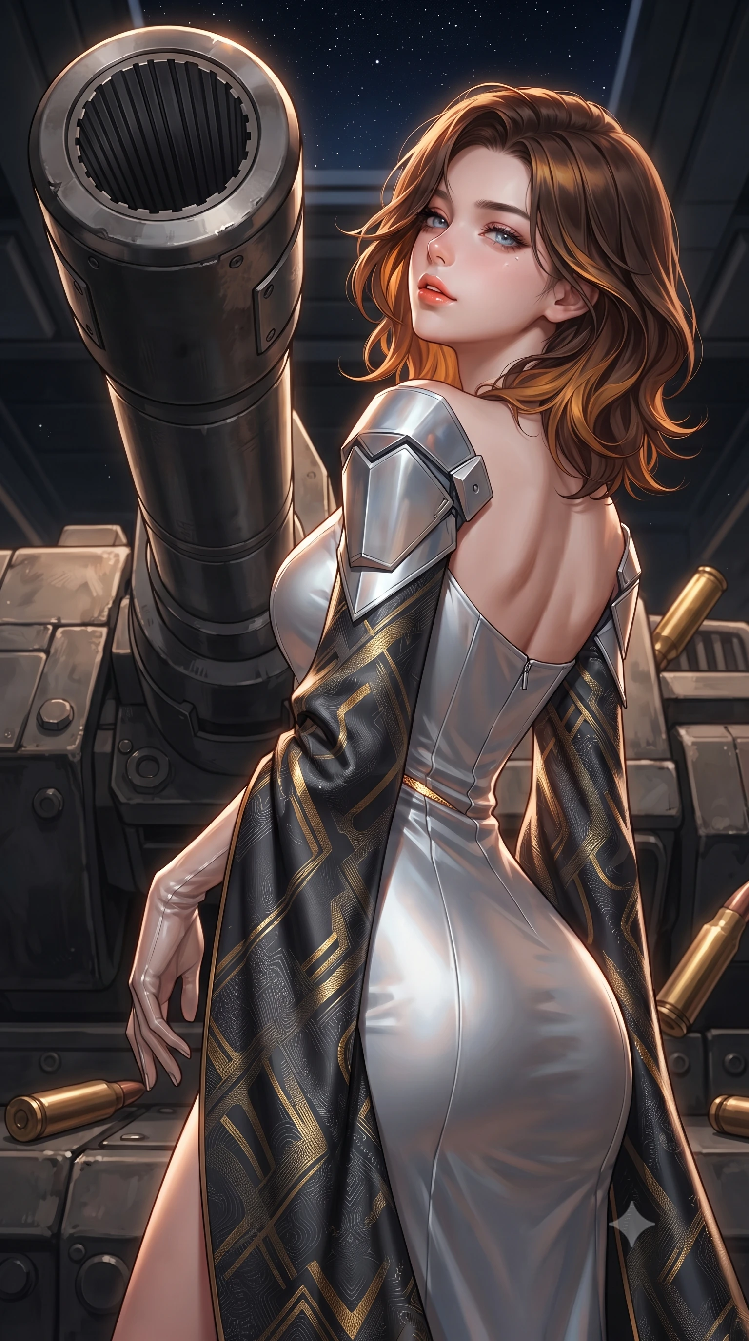 score_9, masterpiece, best quality, ultra-detailed, high-budget anime keyframe, editorial fashion photography, tasteful artistic composition, Korean woman. close-up cowboy shot from the waist and thighs up, the character dominates the composition, filling the frame with her large presence. posing in an alluring rear three-quarter angle, looking over a bare shoulder with parted glossy lips, her hips cocked back to highlight her slim hourglass curve while leaning against the armored cannon breech with hips cocked back, gazing up the vertical shaft toward the distant starry night hatch with heavy-lidded bedroom-eyes. The surrounding environment is rendered in vivid detail and crisp panoramic clarity: sharp rifling grooves inside massive cannon muzzle, polished brass shell casings, and heavy industrial armor bolts in deep focus. She has an exceptionally elegant, slender, and willowy female figure with an ultra-slim waist, flat toned midriff, narrow ribcage, and sculpted feminine hips creating an alluring, slim hourglass silhouette without bulk. sharp v-shaped jawline, high-bridge nose, intricate jewel-like sparkling eyes with depth, thick eyelashes, glossy parted lips with a natural peach sheen, bright cheerful beaming smile with an enchanting and coquettish sensual glint, exuding both youthful cute charm and seductive allure, flawlessly proportioned anatomical accuracy, strict slender model proportions, natural body alignment, perfectly sculpted long slender limbs, ultra-slim waistline, clean dynamic posture without body distortion. wearing an elegant high-neck diplomatic sci-fi gown made of bioluminescent silver silk with structured geometric shoulder plates and long flowing sleeves in singularity accretion gold and space void onyx, woven from structured carbon-fiber jacquard with rich textural depth, complemented by sheer opera-length evening gloves tracing her slender arms, the impeccably tailored cut draping gracefully along her slender figure with aristocratic poise. illuminated by diamond-plate steel reflection bounce and sharp gold-amber rim lights defining her razor-sharp jawline, narrow waist, and curvy hips. ultra-reflective glossy finish, specular highlights, rich textural contrasts, high-contrast stereoscopic depth, volumetric dynamic lighting, 2k, ultra detail, master piece, 9:16 ratio