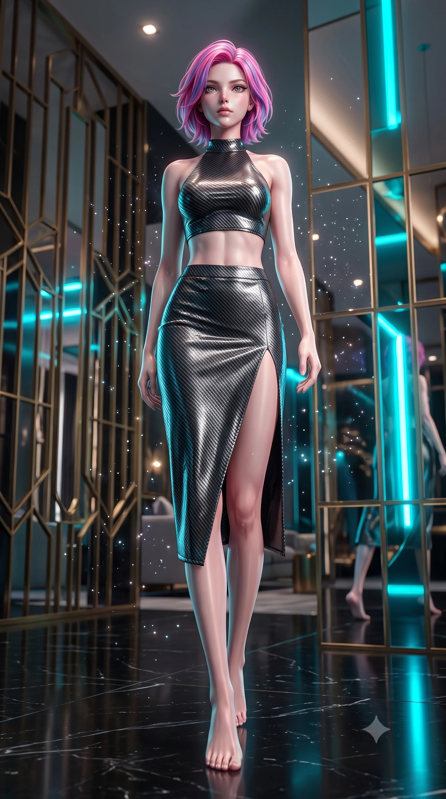 score_9, masterpiece, best quality, ultra-detailed, high-budget anime keyframe, editorial fashion photography, tasteful artistic composition, Caucasian woman. low angle full-body shot from head to toe showing her feet, filling the entire 9:16 vertical frame with her statuesque presence, stretching her vertical silhouette. stepping gracefully through floating stardust particles, her body-contouring suit showing her athletic, slender silhouette, the background shows a soft-focus a hotel lobby with geometric brass screens and black marble floors. She has an absolutely perfect, statuesque 8.5-heads proportion, an exceptionally tall and slender model-like female figure with impossibly long slender legs and an ultra-slim waist. sharp v-shaped jawline, high-bridge nose, intricate jewel-like eyes with depth, thick eyelashes, glossy lips with a natural sheen. wearing a slim-fit carbon-fiber halter-neck crop top paired with a matching high-slit midi skirt, revealing her slim waist. neon cyan lights refracting off mirrors and her glossy outfit surface. ultra-reflective glossy finish, specular highlights, metallic sheen, high-contrast stereoscopic depth, volumetric dynamic lighting, 2k, ultra detail, master piece, 9:16 ratio