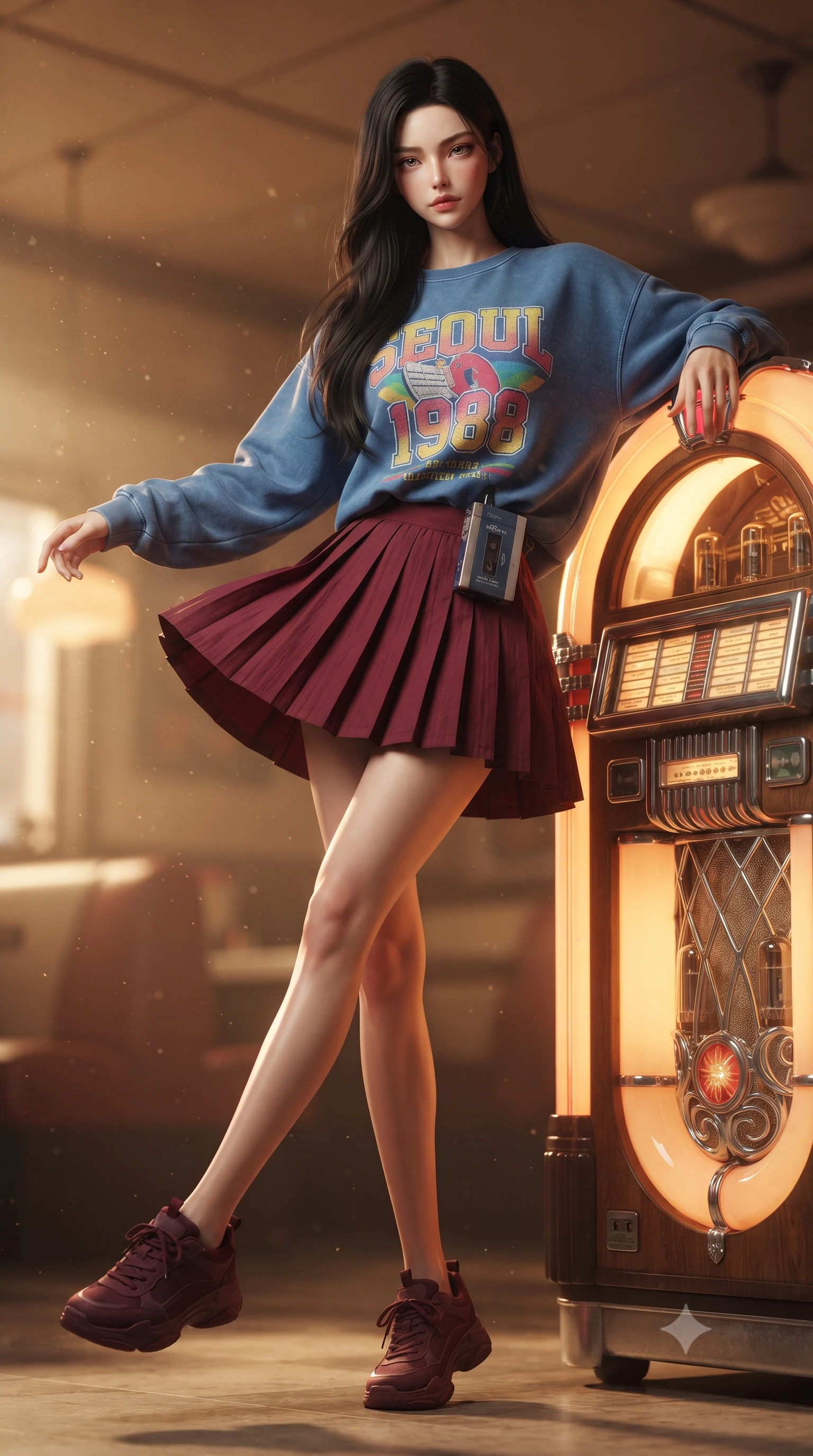 score_9, masterpiece, best quality, ultra-detailed, high-budget anime keyframe, editorial fashion photography, tasteful artistic composition, Korean woman. low angle full-body shot from head to toe showing her feet, filling the entire 9:16 vertical frame with her statuesque presence, stretching her vertical silhouette. executing an elegant mid-motion spin with effortless grace, her garments fluttering softly around her ultra-slim waistline while leaning against a classic jukebox as warm golden tubes glow behind her, tapping her foot to an old groove. The composition keeps background elements in soft focus with creamy bokeh. drifting warm light dust motes and spinning turntable reflections scattering golden glints. She has an absolutely perfect, statuesque 8.5-heads proportion, an exceptionally tall and slender model-like female figure with impossibly long slender legs, a toned flat midriff, and an ultra-slim waist. sharp v-shaped jawline, high-bridge nose, intricate jewel-like eyes with depth, thick eyelashes, glossy lips with a natural sheen, captivating and magnetic expression, flawlessly proportioned anatomical accuracy, strict slender model proportions, natural body alignment, perfectly sculpted long slender limbs, ultra-slim waistline, clean dynamic posture without body distortion. wearing a vibrant retro graphic oversized sweatshirt paired with a pleated tennis skirt and chunky sneakers in rich wine burgundy and faded vintage blue, made of crisp lightweight vintage crinkle nylon, accessorized with a vintage portable cassette Walkman clipped to her waistband, the glove-like aerodynamic second-skin fit tightly clinging to her ultra-slender waist and athletic curves without adding bulk, accentuating her razor-sharp statuesque lines and slim hourglass silhouette. bathed in warm amber incandescent lamp glow and golden vacuum tube ambient warmth. ultra-reflective glossy finish, specular highlights, rich textural contrasts, high-contrast stereoscopic depth, volumetric dynamic lighting, 2k, ultra detail, master piece, 9:16 ratio