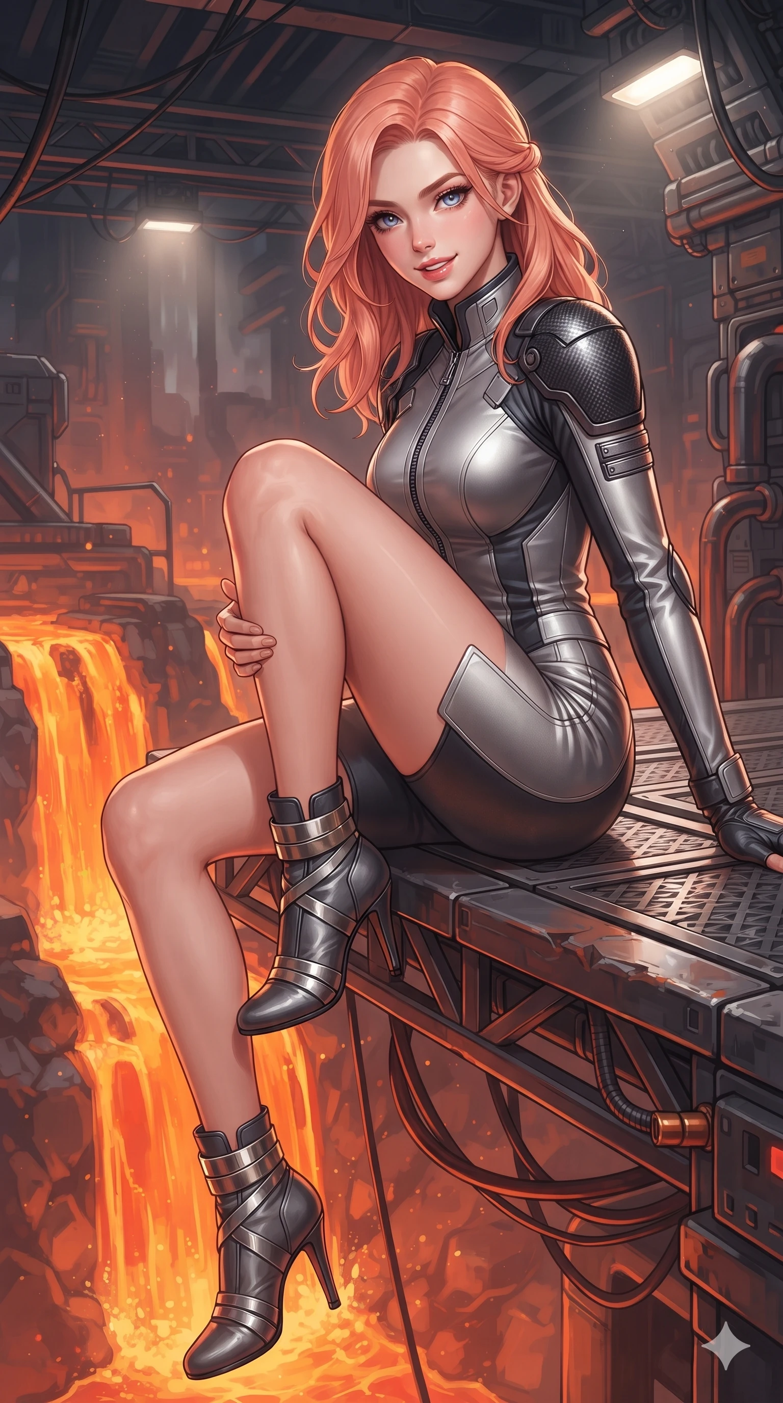 score_9, masterpiece, best quality, ultra-detailed, high-budget anime keyframe, editorial fashion photography, tasteful artistic composition, Japanese woman. close-up cowboy shot from the waist and thighs up, the character dominates the composition, filling the frame with her large presence. perched sideways on the pilot seat, one knee drawn up to showcase her slender leg line while her arched back accentuates her feminine hip curve while sitting poised on the observation gantry ledge with legs crossed, flashing an enchanting, confident smile as thermal winds flutter her ribbons. The surrounding environment is rendered in vivid detail and crisp panoramic clarity: sharp heat-treated titanium truss bolts, textured non-slip gantry plates, and glowing thermal pipe fittings in deep focus. She has an exceptionally elegant, slender, and willowy female figure with an ultra-slim waist, flat toned midriff, narrow ribcage, and sculpted feminine hips creating an alluring, slim hourglass silhouette without bulk. sharp v-shaped jawline, high-bridge nose, intricate jewel-like sparkling eyes with depth, thick eyelashes, glossy parted lips with a natural sheen, bright confident smile with an enchanting and coquettish sensual glint, exuding both youthful magnetic charm and sovereign high-tech allure, flawlessly proportioned anatomical accuracy, strict slender model proportions, natural body alignment, perfectly sculpted long slender limbs, ultra-slim waistline, clean dynamic posture without body distortion. wearing a tailored high-collar aerodynamic flight suit with structured carbon-fiber shoulder plates and ergonomic zip channels in metallic graphite and starlight platinum, made of flexible bullet-resistant ballistic microfiber with high-tensile strength, complemented by strappy stiletto combat boots with metallic ankle wraps accentuating her slender calves, the bespoke structured tailoring following the natural line of her 8.5-heads silhouette with refined elegance. bathed in the radiant 2000K upward glow of the cascading magma river combined with overhead industrial quartz worklights. ultra-reflective glossy finish, specular highlights, rich textural contrasts, high-contrast stereoscopic depth, volumetric dynamic lighting, 2k, ultra detail, master piece, 9:16 ratio