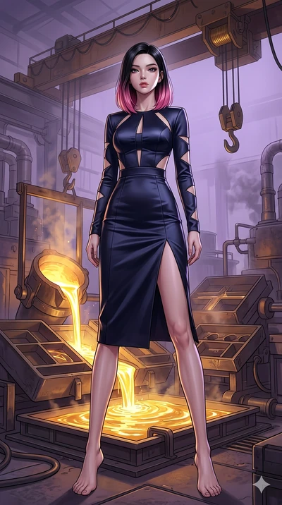 score_9, masterpiece, best quality, ultra-detailed, high-budget anime keyframe, editorial fashion photography, tasteful artistic composition, Korean woman. low angle full-body shot from head to toe showing her feet, filling the entire 9:16 vertical f