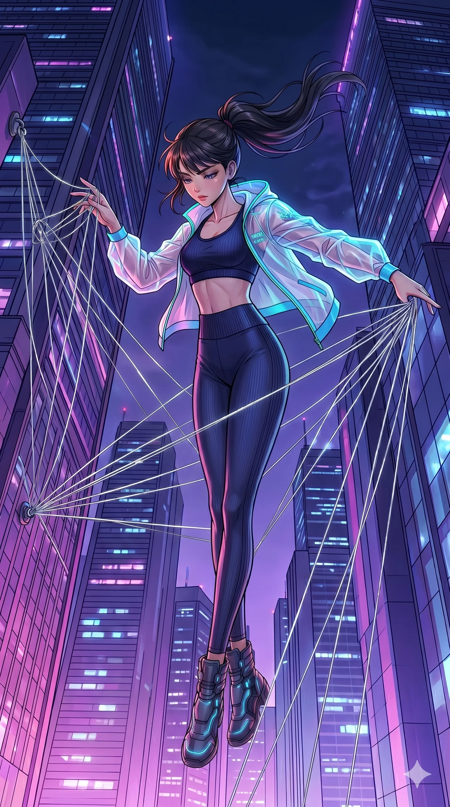 score_9, masterpiece, best quality, ultra-detailed, high-budget anime movie keyframe, cinematic anime lighting, intricate line art, Korean woman. Mid-air action shot capturing a graceful twist and vertical silhouette. weaving a web of silver threads between two skyscrapers. She has an absolutely perfect 8-heads proportion, an exceptionally tall and slender female figure with an ultra-slim waist and impossibly long slender legs. strictly human anatomy, two legs only, no extra limbs, clearly defined legs and arms, perfect anatomy, perfect hands and fingers. sharp v-shaped jawline, high-bridge nose, intricate jewel-like eyes, thick eyelashes, glossy lips. Wearing Premium Athleisure: Ribbed sports bra and leggings set, sheer windbreaker, and sleek high-performance activewear. The scene is illuminated by dramatic atmospheric lighting and vibrant color palettes. , 2k, ultra detail, master piece, 9:16 ratio