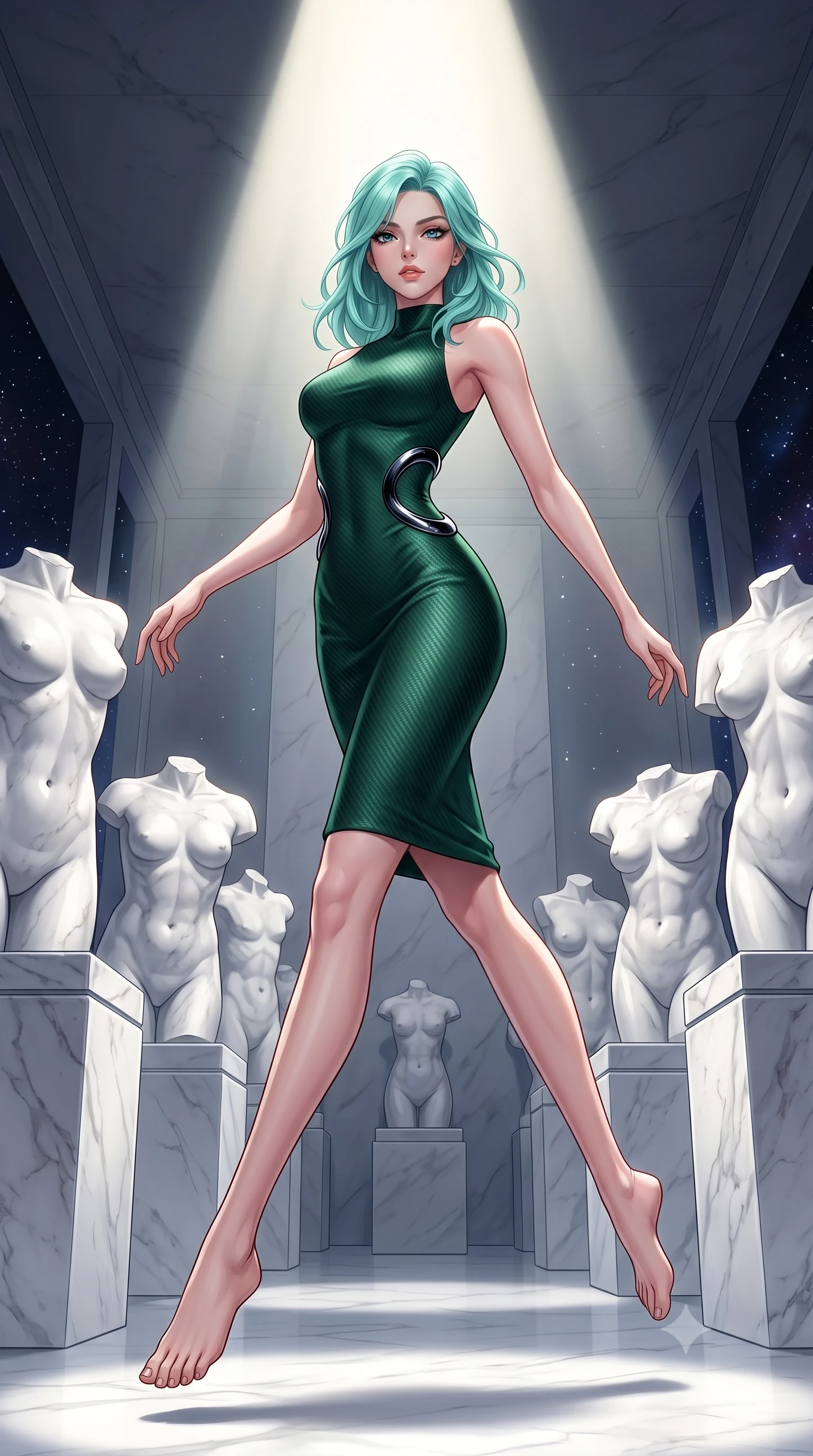 score_9, masterpiece, best quality, ultra-detailed, high-budget anime keyframe, editorial fashion photography, tasteful artistic composition, Japanese woman. low angle full-body shot from head to toe showing her feet, filling the entire 9:16 vertical frame with her statuesque presence, stretching her vertical silhouette. leaping dynamically through the starry space, her posture full of power and elegance, standing in a secluded private art gallery filled with white marble torso sculptures, high-art editorial framing with timeless luxury appeal. She has an absolutely perfect, statuesque 8.5-heads proportion, an exceptionally tall and slender model-like female figure with impossibly long slender legs and an ultra-slim waist. sharp v-shaped jawline, high-bridge nose, intricate jewel-like eyes with depth, thick eyelashes, glossy lips with a natural sheen. wearing form-contouring dark crimson liquid silk long slip dress in deep emerald green, made of matte carbon-fiber weave, accented with sculpted obsidian chrome rings at the waist, highlighting her statuesque proportions and ultra-slim waistline. illuminated by a single dramatic theatrical spotlight from directly overhead. highly saturated vibrant anime colors, detailed shading with soft gradients, rich glossy textures, high-contrast stereoscopic depth, volumetric dynamic lighting, master piece, 9:16 ratio
