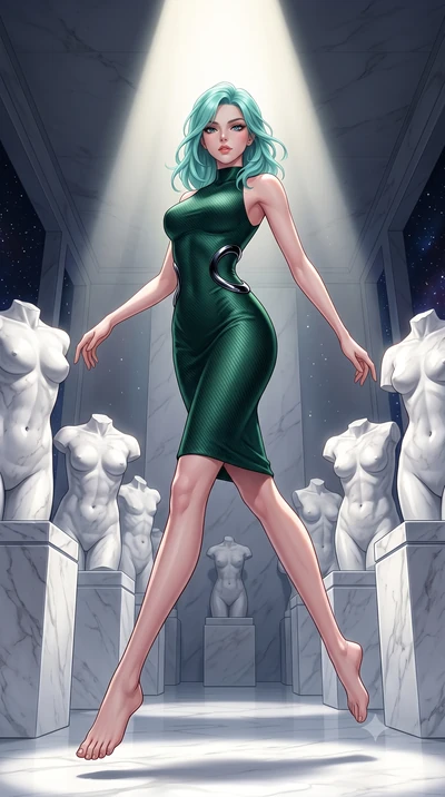 score_9, masterpiece, best quality, ultra-detailed, high-budget anime keyframe, editorial fashion photography, tasteful artistic composition, Japanese woman. low angle full-body shot from head to toe showing her feet, filling the entire 9:16 vertical