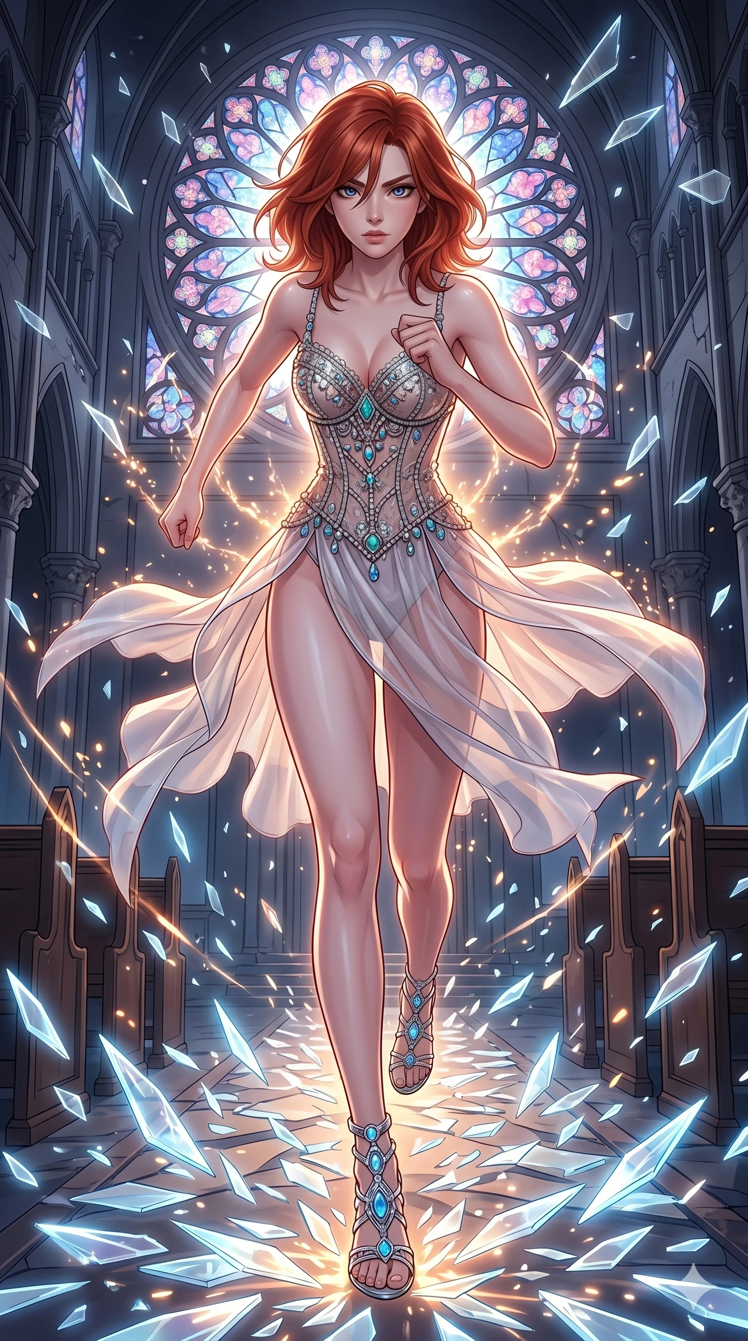 score_9, masterpiece, best quality, ultra-detailed, Set A: High-budget Anime Keyframe, Caucasian (strictly human ears) woman. Low angle cowboy shot filling the entire 9:16 frame with her statuesque presence. Sprinting through a shattered glass cathedral, as the ground beneath her turns into 221 shards of light and surrounded by glowing energy sparks. She has an absolutely perfect 8-heads proportion, an exceptionally tall and slender female figure with impossibly long slender legs and an ultra-slim waist. Sharp v-shaped jawline, high-bridge nose, intricate jewel-like eyes with depth, thick eyelashes, glossy lips with a natural sheen. Wearing Intricate jewel-encrusted corset over a sheer silk slip with high-cut leg line. Cinematic lighting, vibrant colors, dramatic shadows, 2k, ultra detail, master piece, 9:16 ratio
