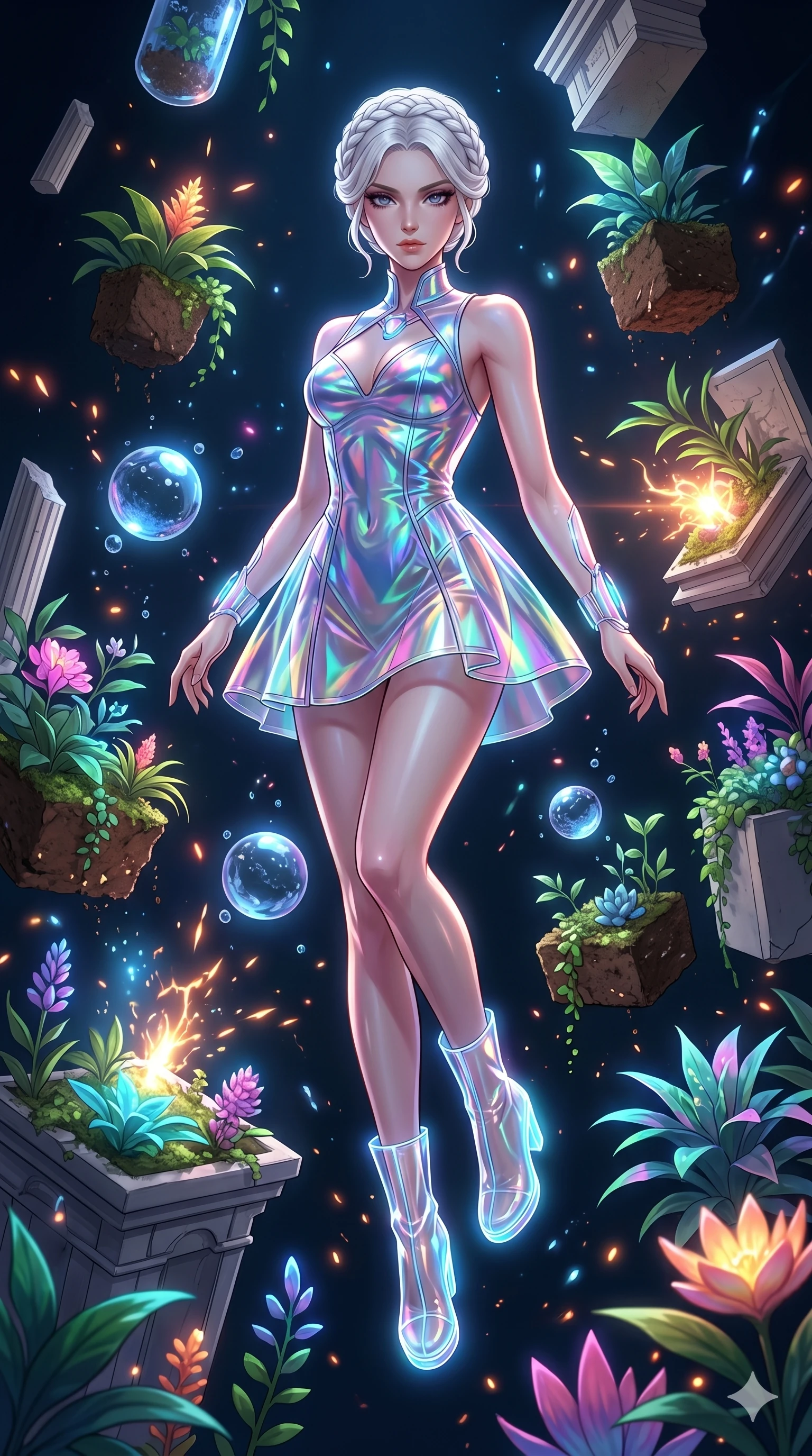 score_9, masterpiece, best quality, ultra-detailed, Set A: High-budget Anime Keyframe, Japanese woman. Low angle cowboy shot filling the entire 9:16 frame with her statuesque presence. Floating through a floating botanical garden, as gravity fails and everything around her floats in state 216 and surrounded by glowing energy sparks. She has an absolutely perfect 8-heads proportion, an exceptionally tall and slender female figure with impossibly long slender legs and an ultra-slim waist. Sharp v-shaped jawline, high-bridge nose, intricate jewel-like eyes with depth, thick eyelashes, glossy lips with a natural sheen. Wearing Holographic vinyl mini-dress with transparent PVC boots and glowing jewelry. Cinematic lighting, vibrant colors, dramatic shadows, 2k, ultra detail, master piece, 9:16 ratio