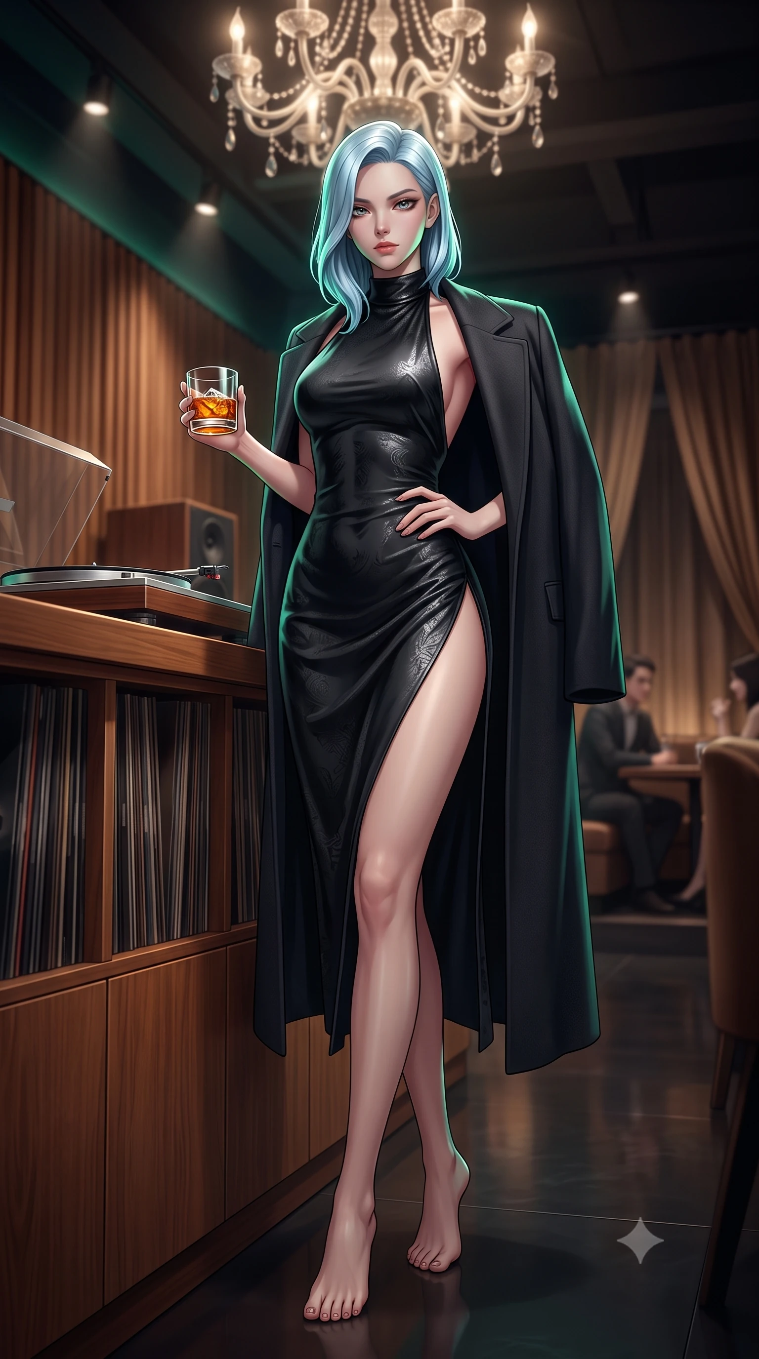 score_9, masterpiece, best quality, ultra-detailed, high-budget anime keyframe, semi-realistic 3D game render, editorial fashion photography, tasteful artistic composition, Korean woman. low angle full-body shot from head to toe showing her feet, filling the entire 9:16 vertical frame with her statuesque presence, stretching her vertical silhouette. pausing mid-stride beneath the grand chandelier with one hand resting on her narrow waist, her arched hips and statuesque 8.5-heads presence commanding the 9:16 vertical frame while leaning against the warm wooden listening counter holding a whiskey glass, her smoldering gaze holding the lens with magnetic intensity. The composition keeps background elements in soft focus with dreamy creamy bokeh. dimly lit acoustic timber walls and private booth drapes softened in intimate audiophile shallow focus. She has an exceptionally tall and slender model-like 8.5-heads proportion, an ultra-slim waist, a flat toned midriff, narrow delicate ribcage, and beautifully sculpted feminine hips creating a graceful, slim hourglass silhouette without any bulky heaviness, with impossibly long slender legs. sharp v-shaped jawline, high-bridge nose, intricate jewel-like dark sparkling eyes with dangerous depth, thick curled eyelashes, glossy parted lips with a rich wine sheen, smoldering seductive half-smile with bedroom-eyes, exuding effortless superiority and intoxicating dark allure, flawlessly proportioned anatomical accuracy, strict slender model proportions, natural body alignment, perfectly sculpted long slender limbs, ultra-slim waistline, clean dynamic posture without body distortion. wearing a backless liquid jet-black halter slip dress with a thigh-high side slit ascending to the high hip in pure obsidian monochrome with subtle metallic sheen, tailored from rich silk jacquard with subtle embossed baroque patterns, complemented by an oversized dark cashmere coat draped casually over one shoulder, the form-fitting cut adhering flawlessly to her sculpted flat midriff and slender torso, emphasizing her long leg lines and perfectly proportioned willowy build. illuminated by focused spotlight key lights and subtle emerald rim lighting sharply defining her razor-sharp jawline, narrow waist, and curvy hips. highly saturated vibrant anime colors, detailed shading with soft gradients, rich glossy textures, high-contrast stereoscopic depth, volumetric dynamic lighting, master piece, 9:16 ratio