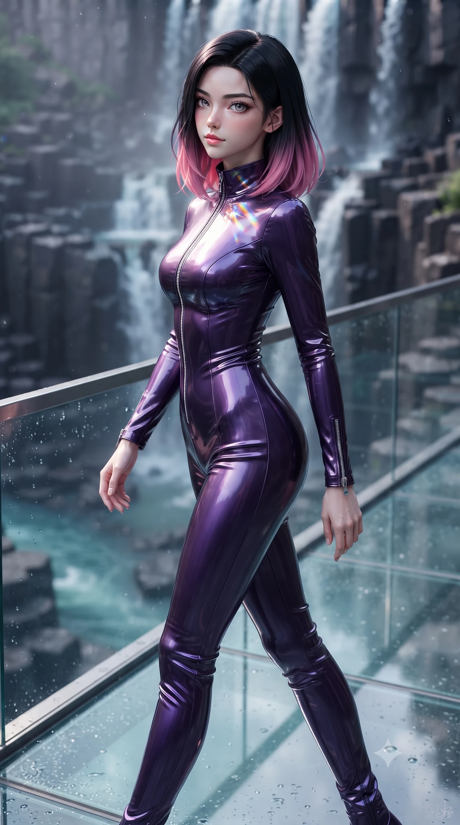 score_9, masterpiece, best quality, ultra-detailed, high-budget anime keyframe, editorial fashion photography, tasteful artistic composition, Korean woman. low angle full-body shot from head to toe showing her feet, filling the entire 9:16 vertical frame with her statuesque presence, stretching her vertical silhouette. walking slowly along a glass skybridge, looking back over her shoulder with an air of effortless grace, the background shows a soft-focus a waterfall terrace made of dark basalt stone overlooking a turquoise river. She has an absolutely perfect, statuesque 8.5-heads proportion, an exceptionally tall and slender model-like female figure with impossibly long slender legs and an ultra-slim waist. sharp v-shaped jawline, high-bridge nose, intricate jewel-like eyes with depth, thick eyelashes, glossy lips with a natural sheen. wearing a form-contouring form-contouring pilot flight suit in deep purple liquid vinyl, featuring a snug mock-neck and chrome zippers. shimmering light refracting through the water spray onto her elegant collarbone. ultra-reflective glossy finish, specular highlights, metallic sheen, high-contrast stereoscopic depth, volumetric dynamic lighting, 2k, ultra detail, master piece, 9:16 ratio